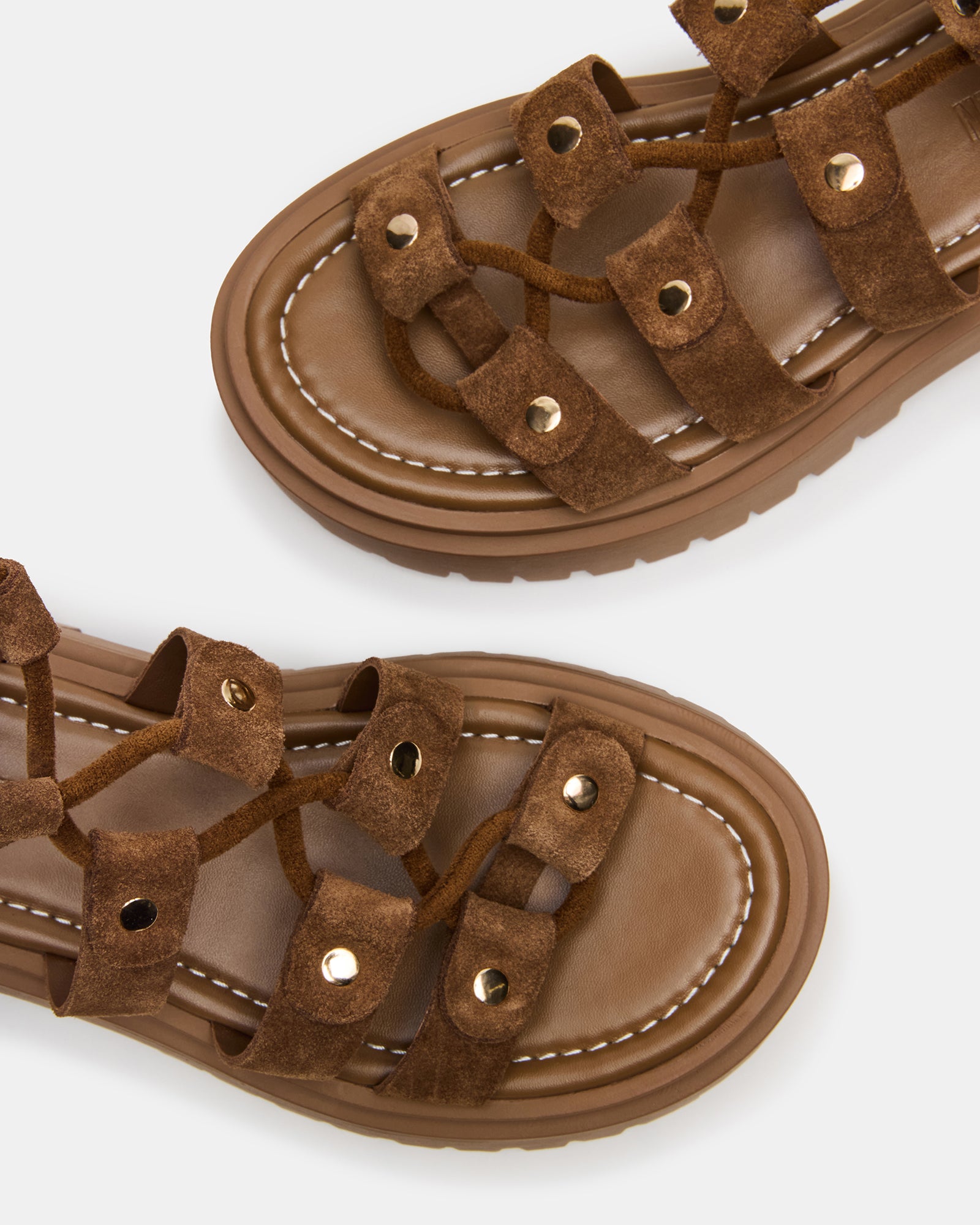 Side view of LYRIAN Cognac suede strappy platform sandals showing lace-up design