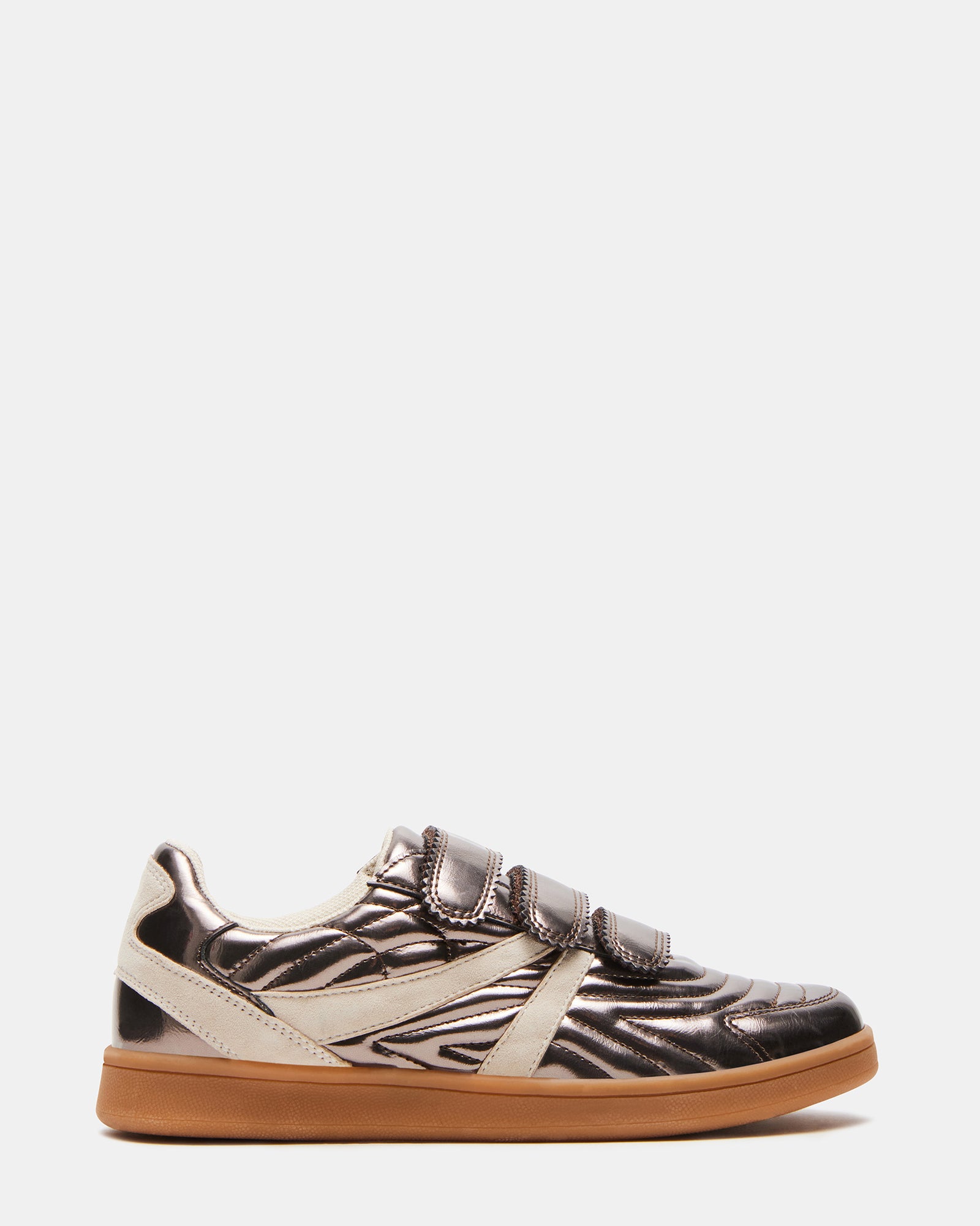 Side view of Macer Pewter sneakers with Velcro straps on a casual outfit