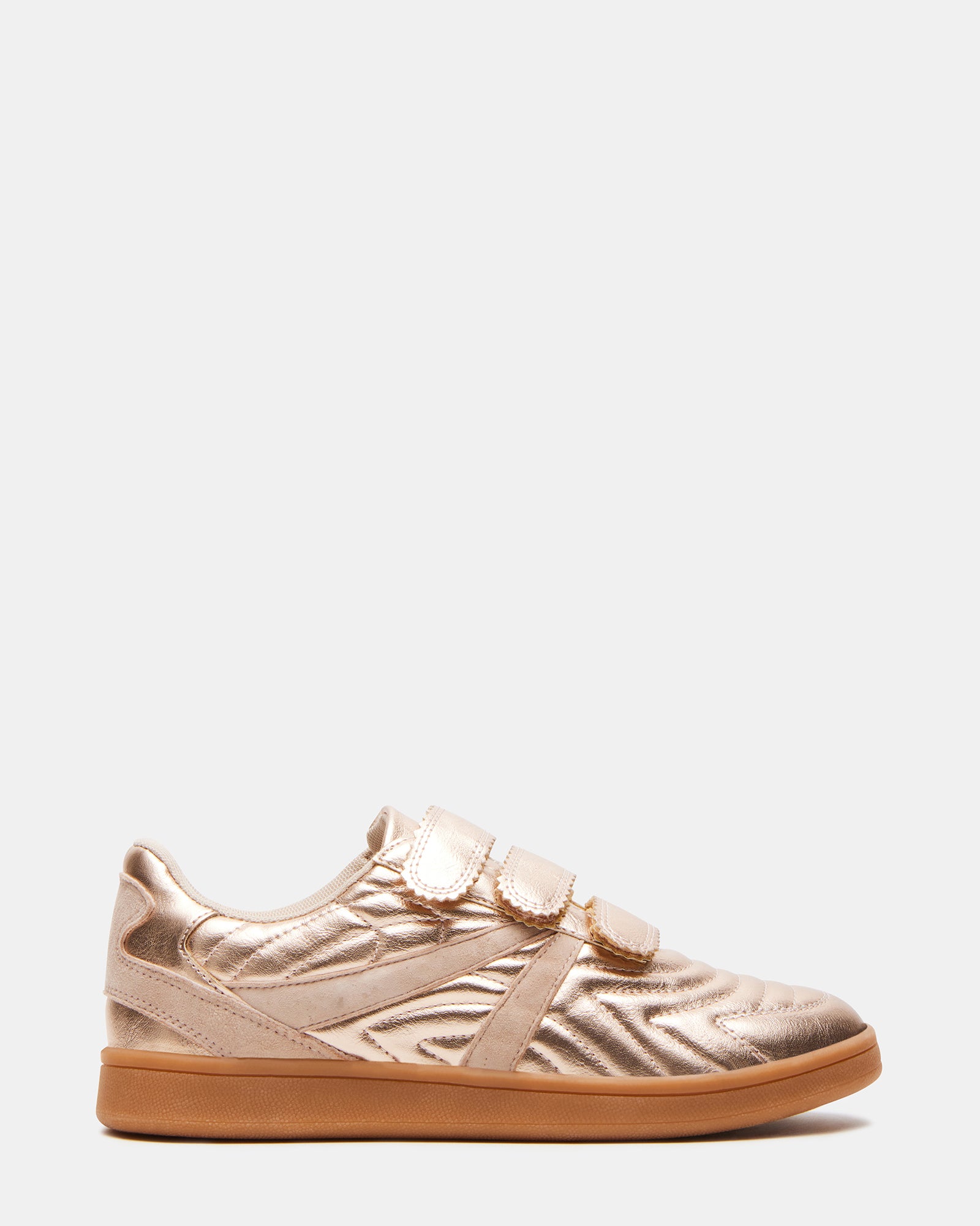 Side view of Macer Rose Gold sneakers showcasing Velcro straps.