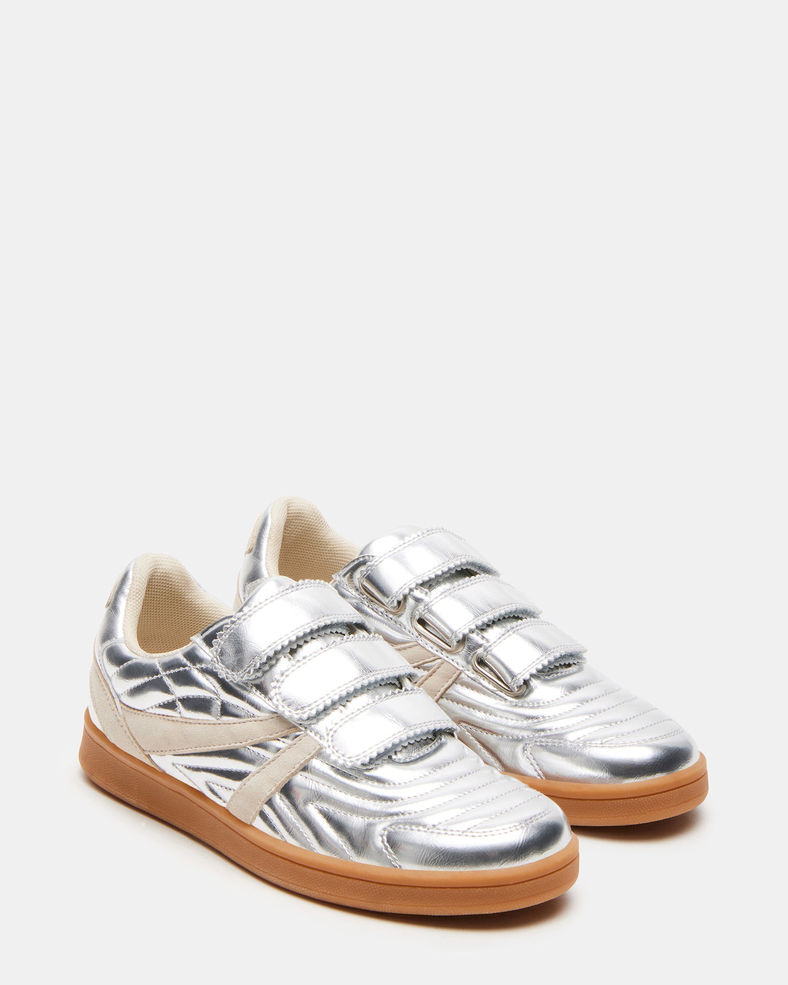 Top-down angle of Macer Silver sneakers highlighting Velcro straps and breathable lining