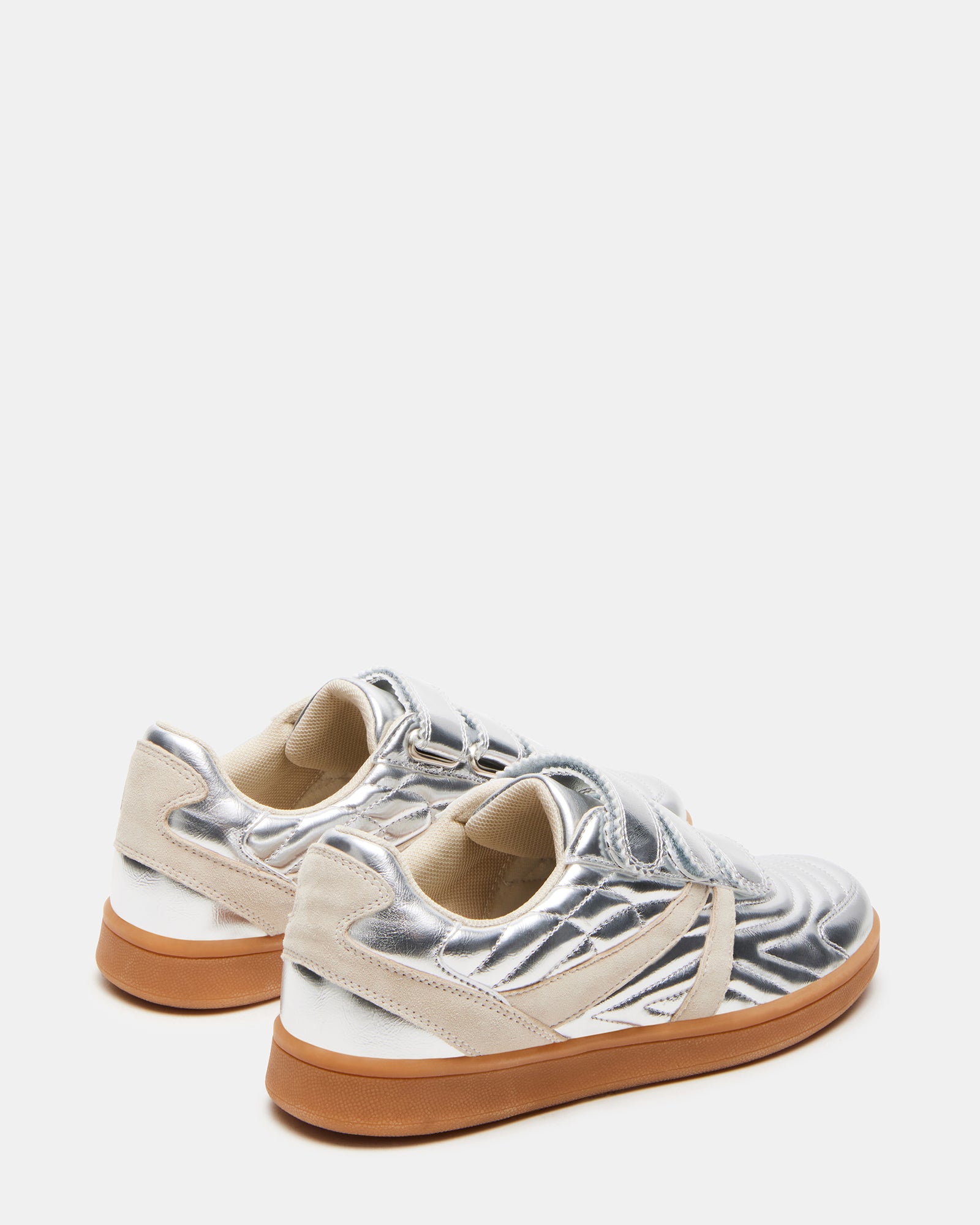 Top-down angle of Macer Silver sneakers highlighting Velcro straps and breathable lining