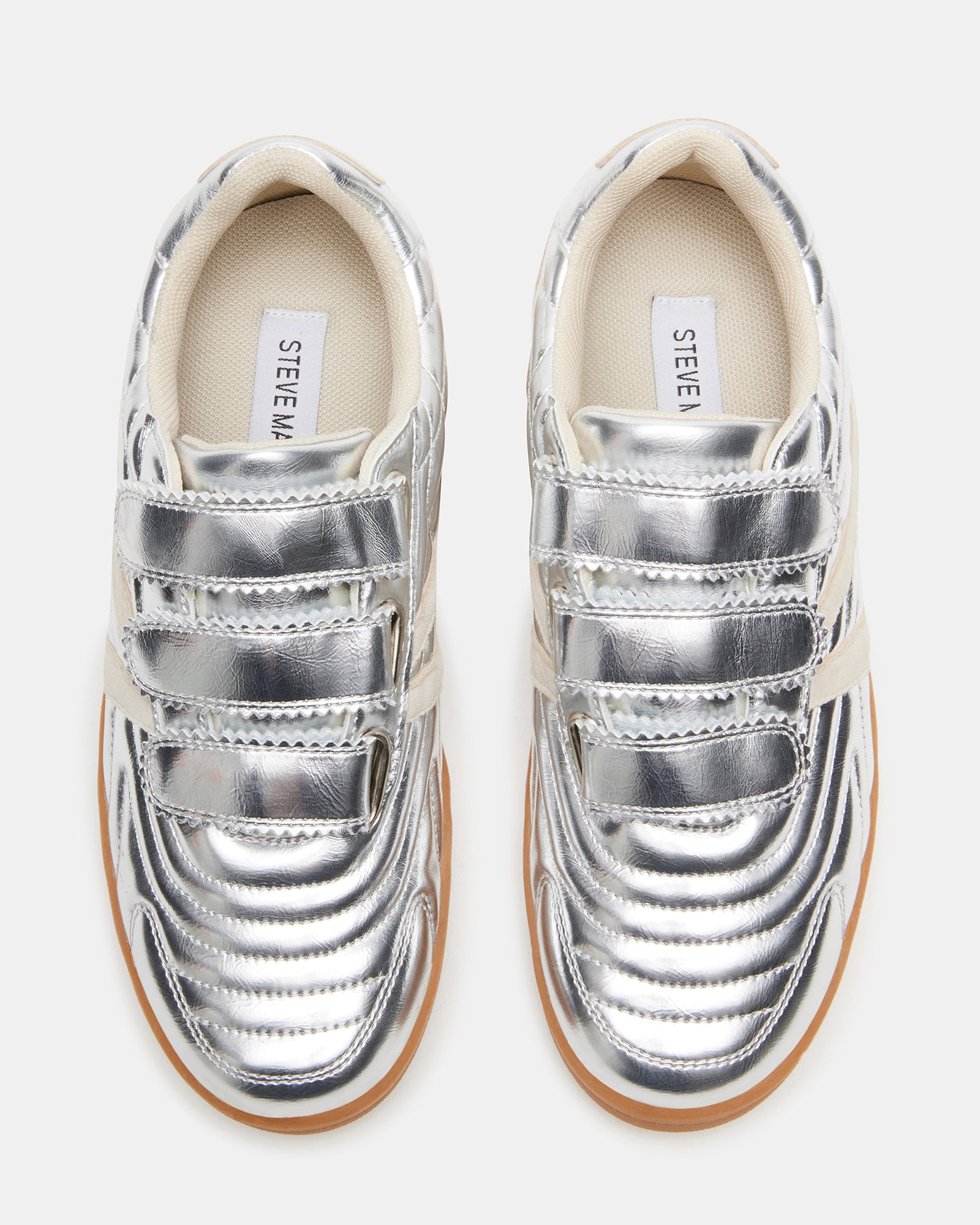 Side view of Macer Silver Velcro sneakers showing suede texture and casual design