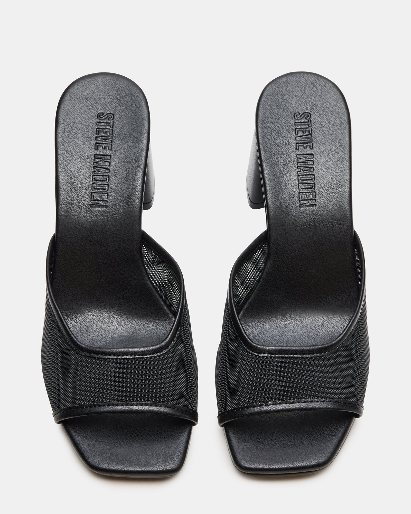 Close-up of square-toe design and vegan leather upper