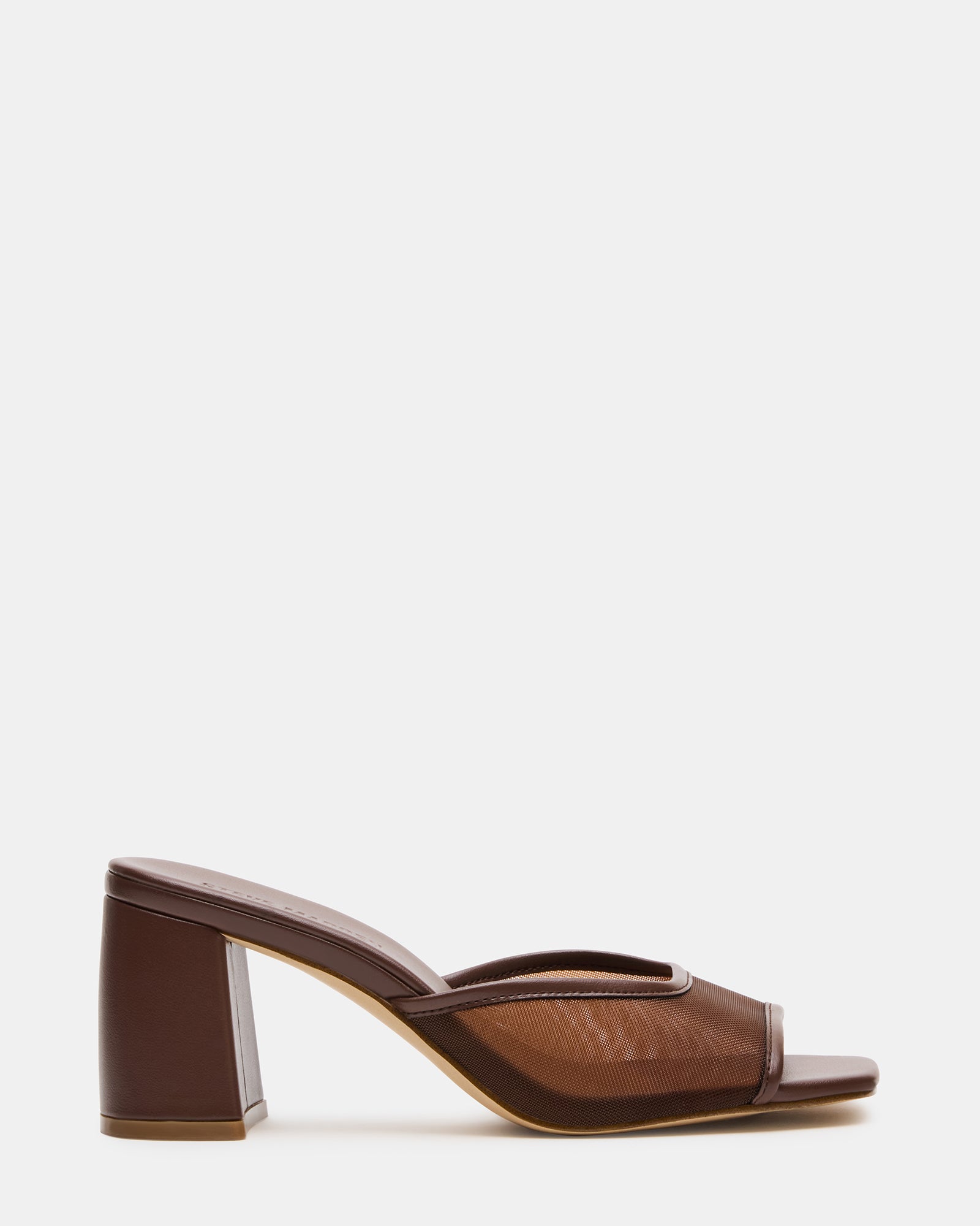 Side angle of the mesh mule heel showing the square toe and 3-inch block heel