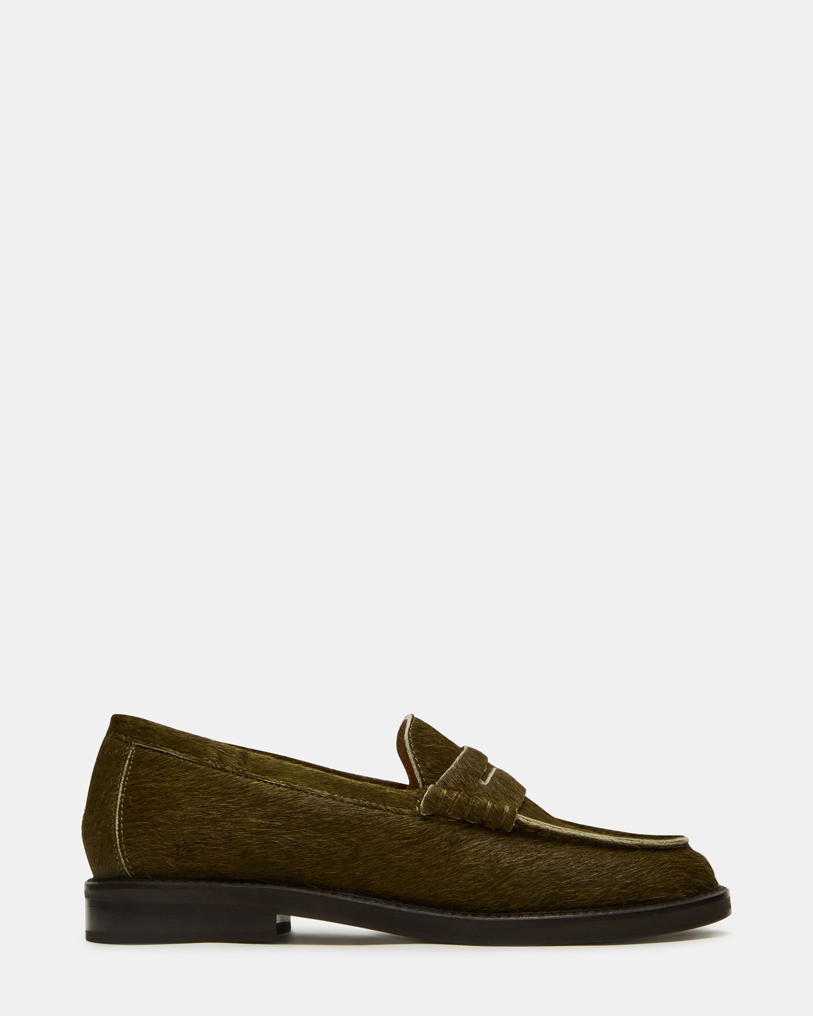 Side view of MADISON OLIVE leather loafers highlighting the sleek leather upper