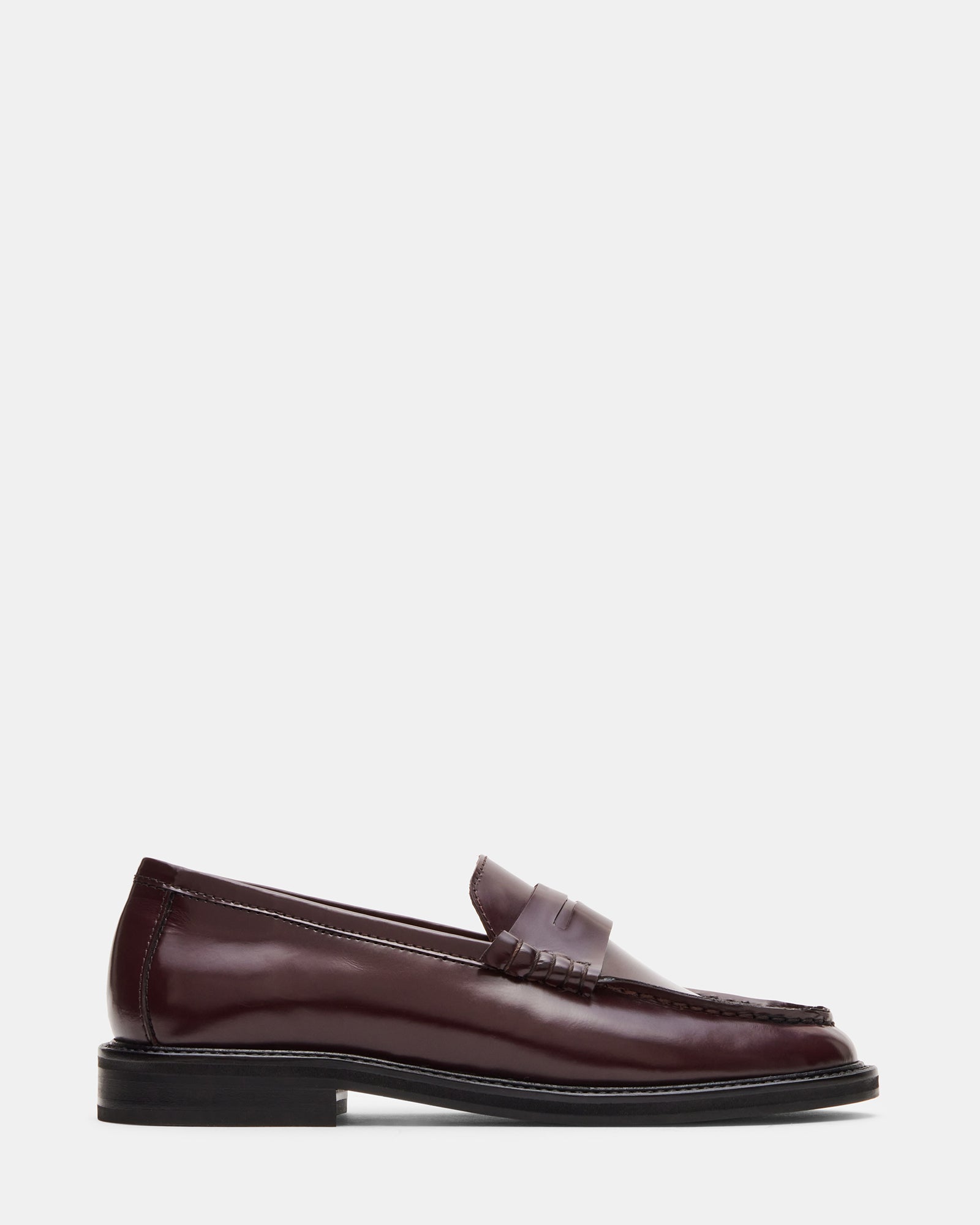 Front view of Madison burgundy leather loafers showing patent leather shine