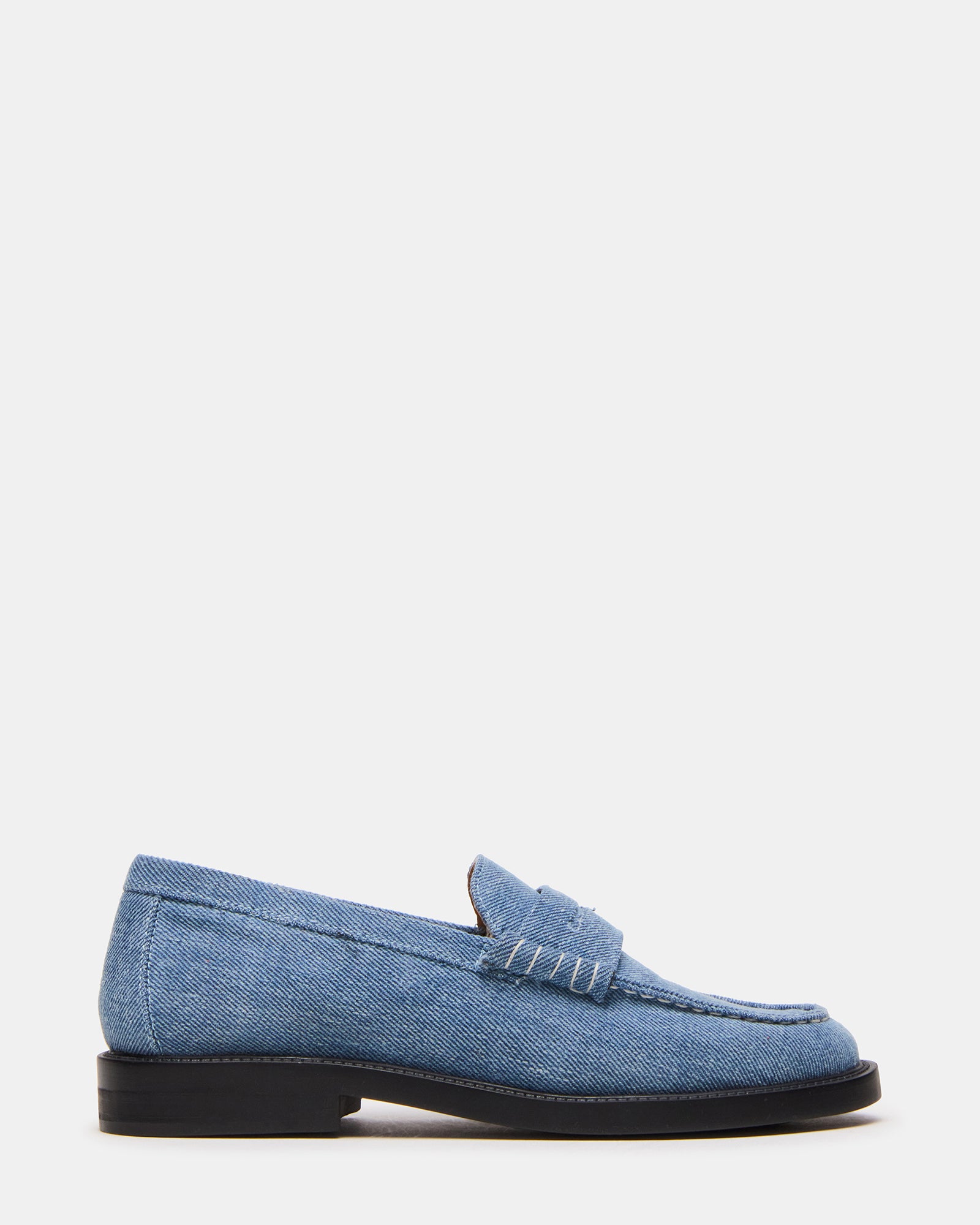 Front view of Madison denim fabric loafers highlighting textile upper and 1-inch heel