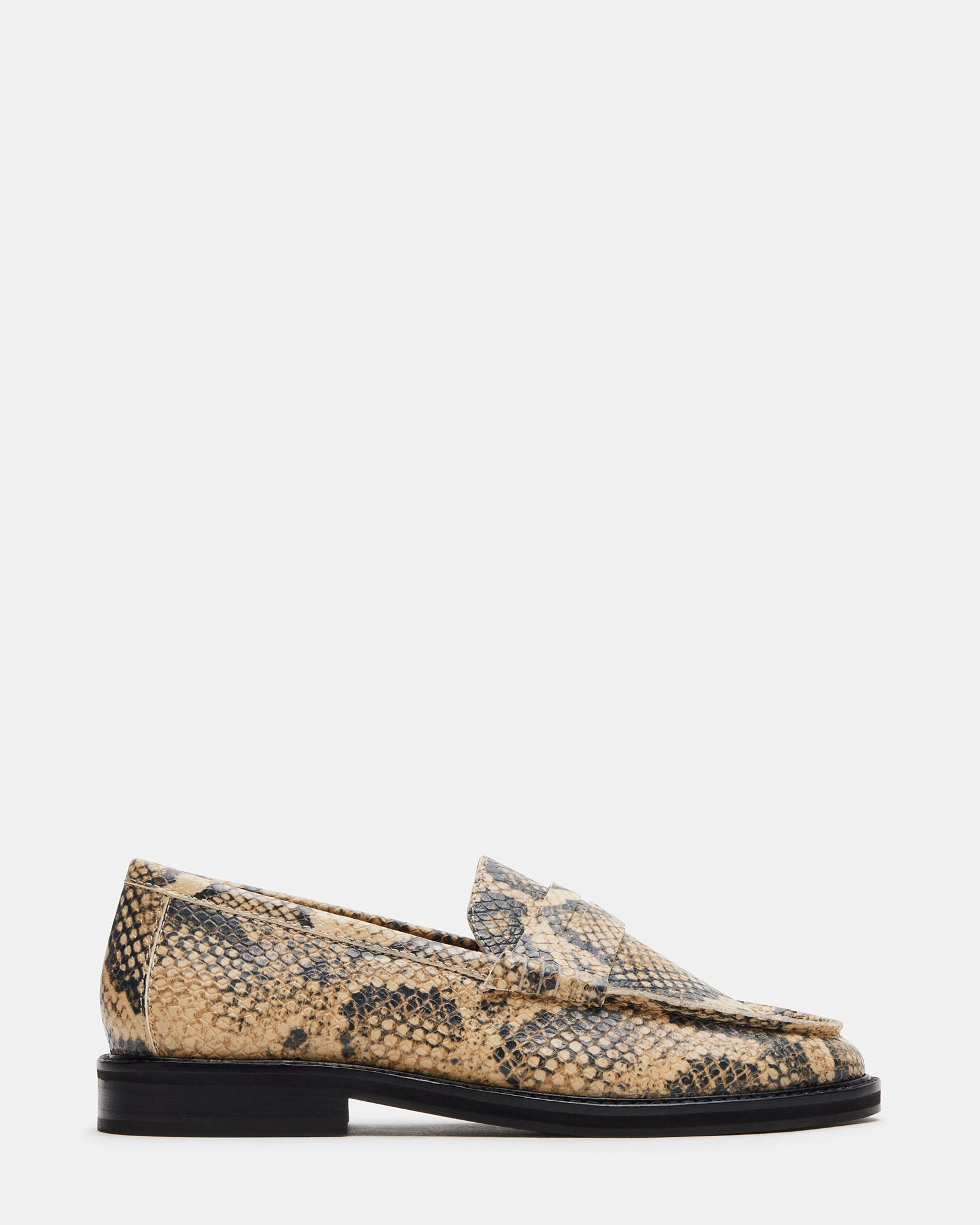 Elegant black leather loafers for women featuring snake embossed pattern