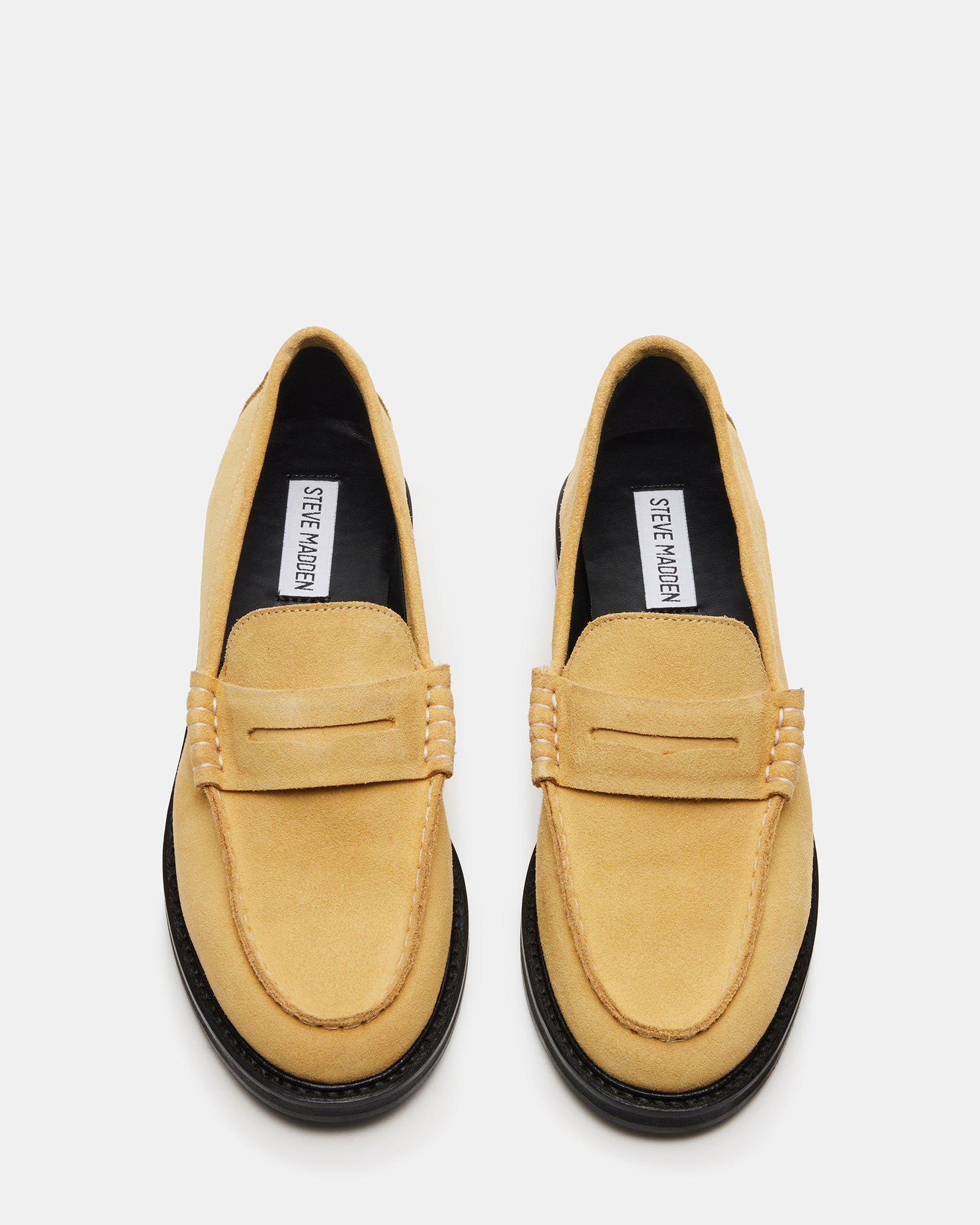 Top-down view of Madison penny loafers showcasing yellow suede texture