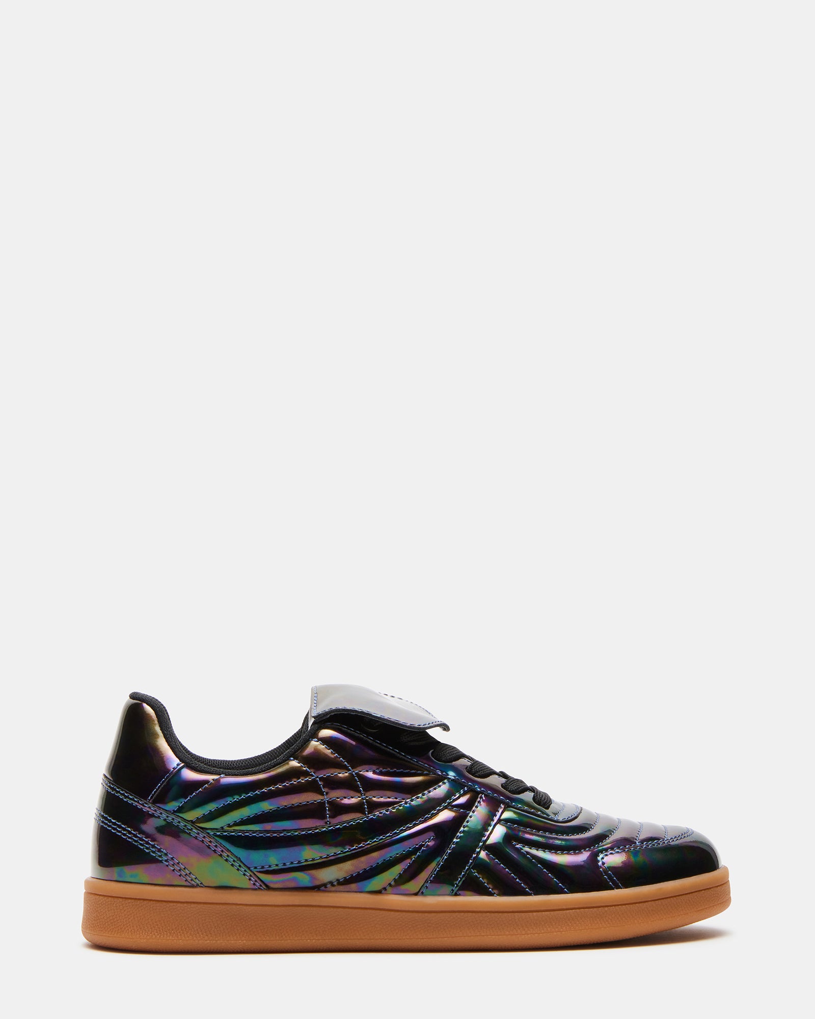 Close-up of Madrid Iridescent Low-Top Sneakers highlighting the lace-up feature.