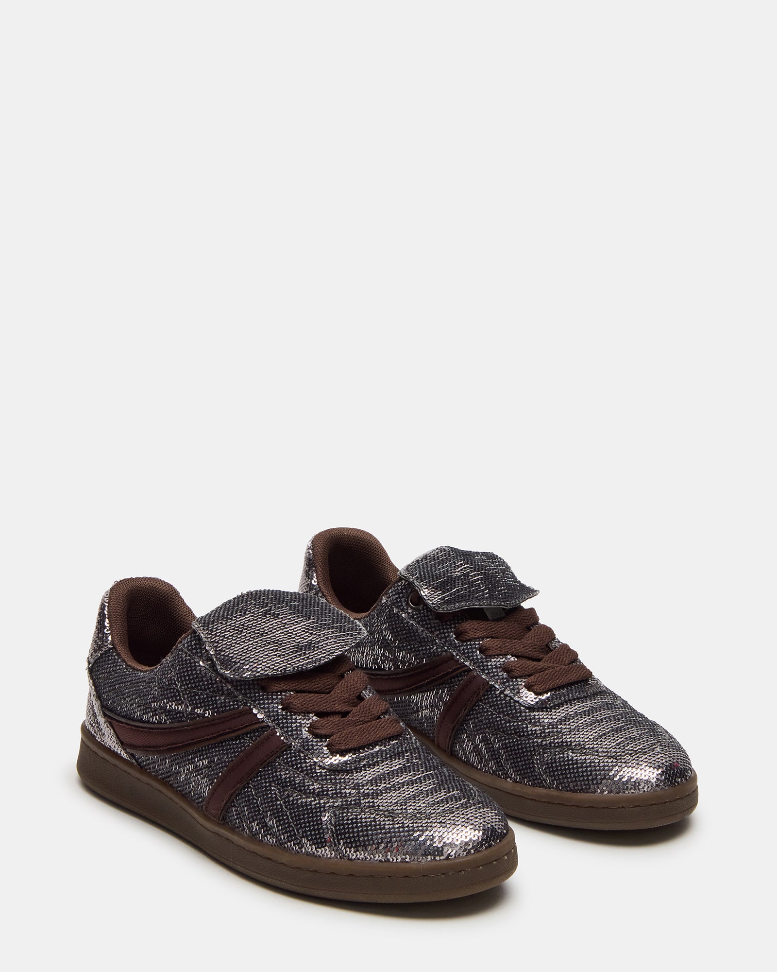 Bottom view showing the synthetic sole of Madrid Sequin Pewter sneakers