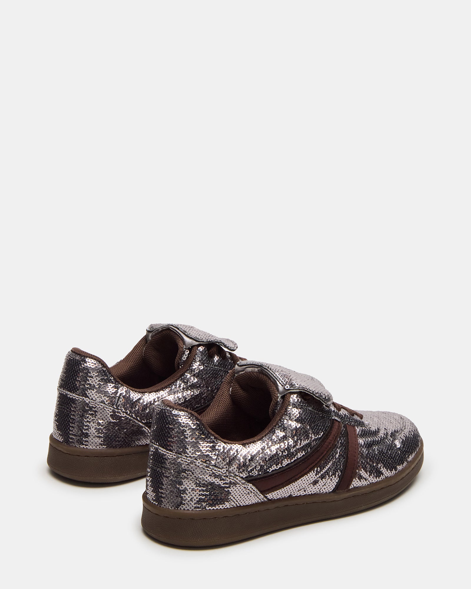 Bottom view showing the synthetic sole of Madrid Sequin Pewter sneakers
