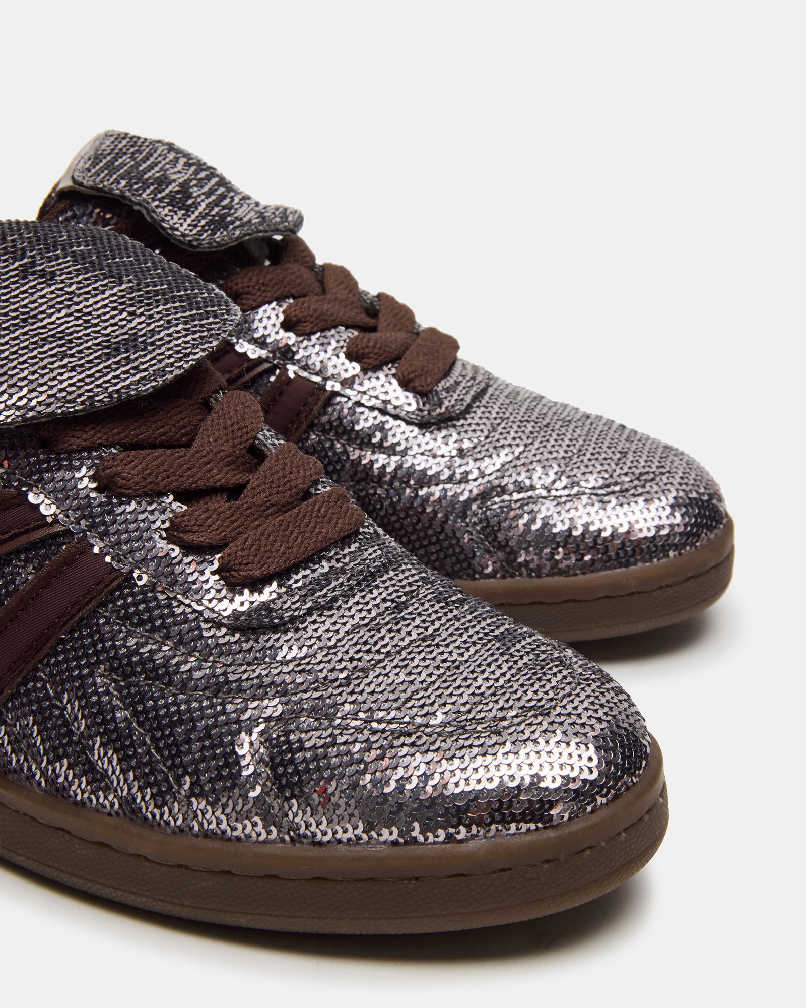 Close-up of Madrid Sequin Pewter sneakers highlighting the sequin detail and textile upper