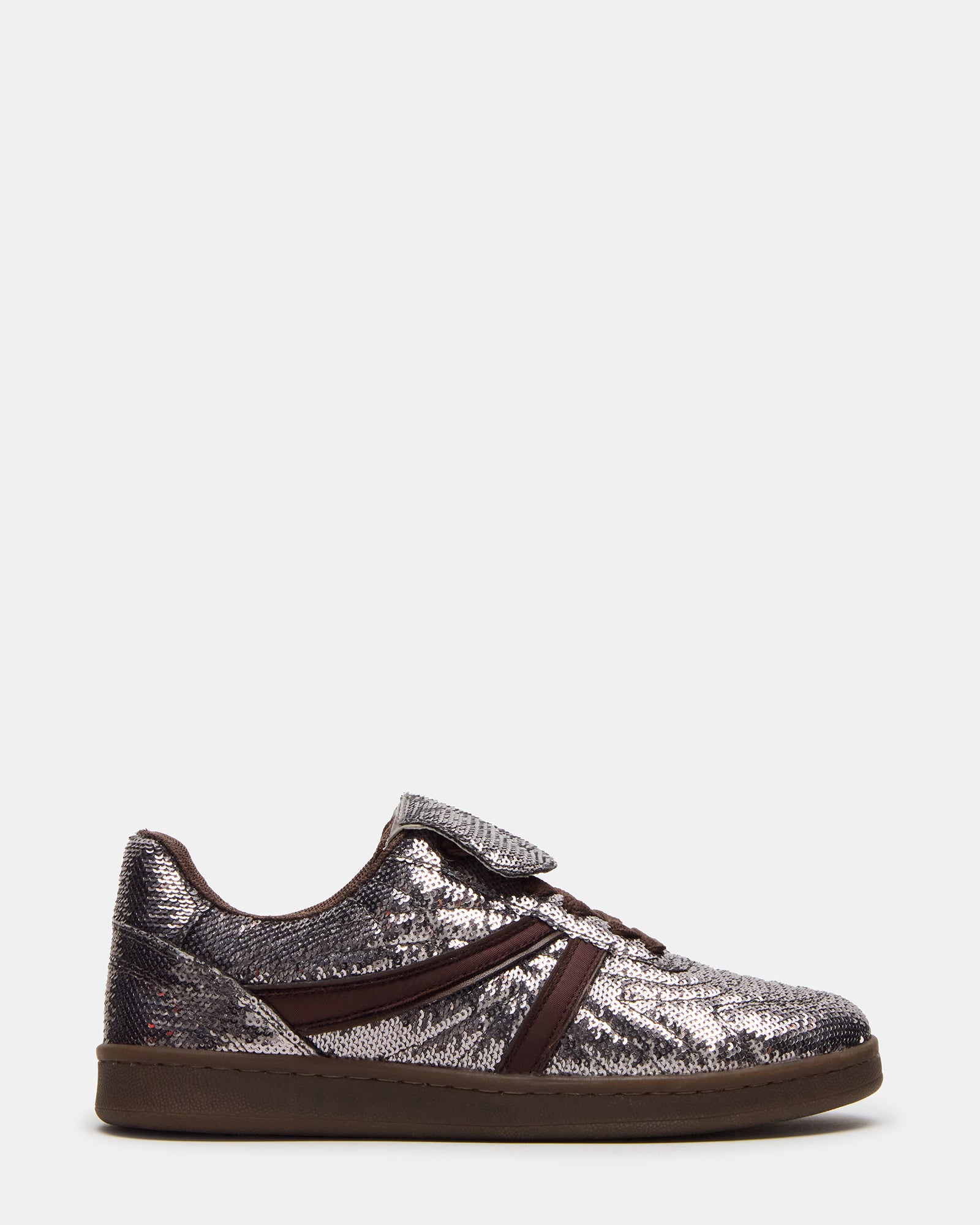 Close-up of Madrid Sequin Pewter sneakers highlighting the sequin detail and textile upper