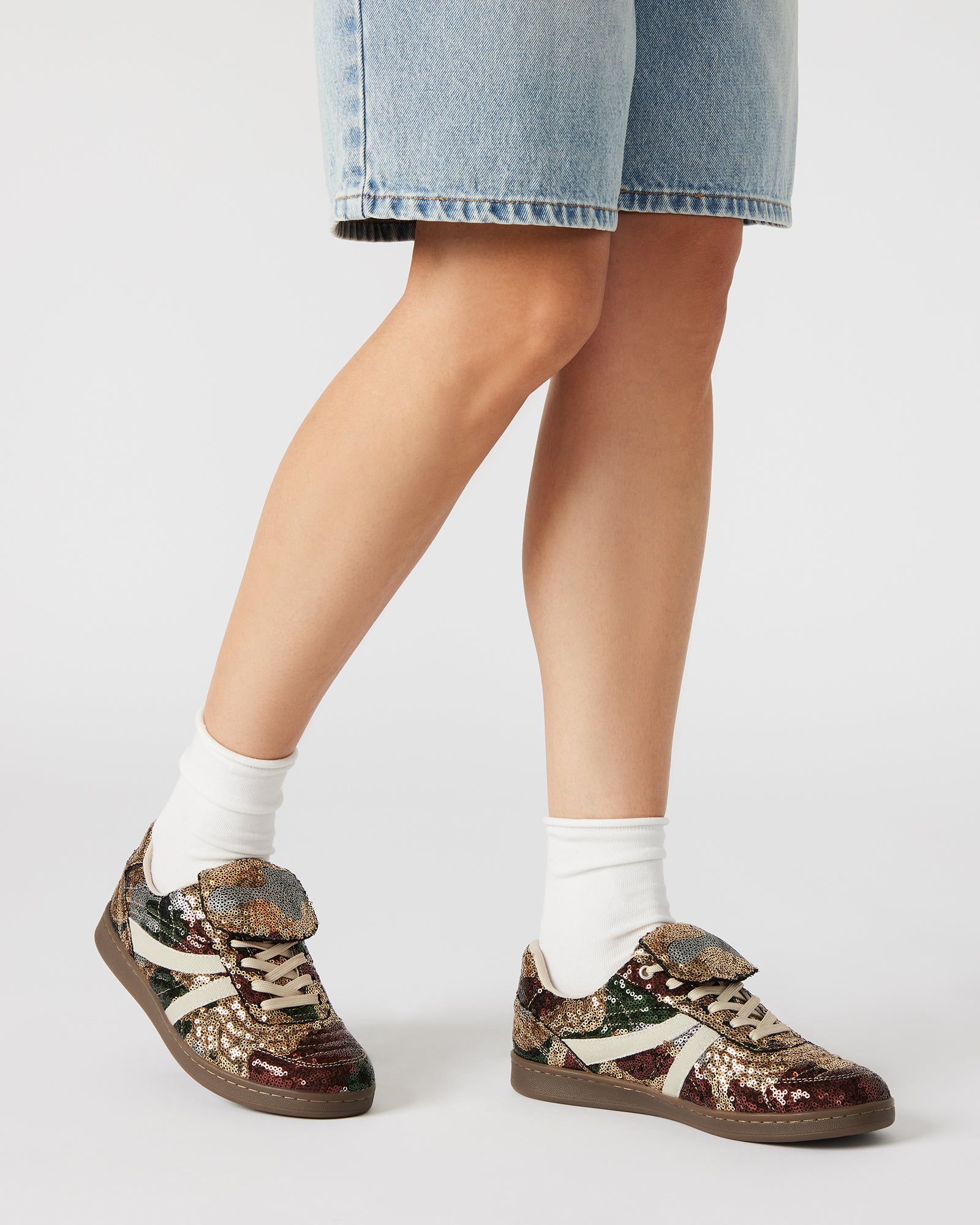 Close-up of the camo-print sequin detailing on these stylish low-top sneakers.