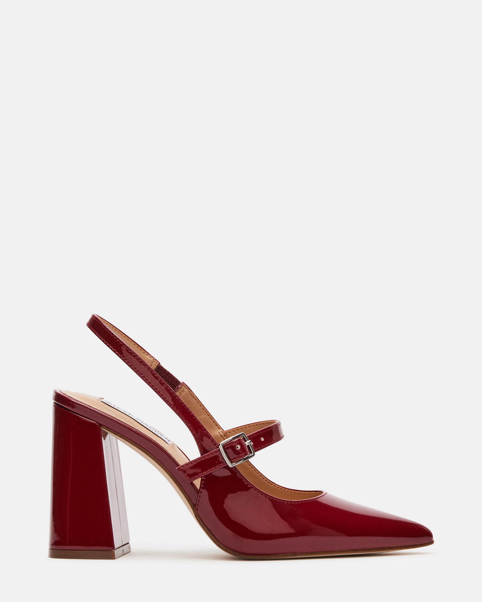 Maegan wine-patent slingback heels styled with a midi dress