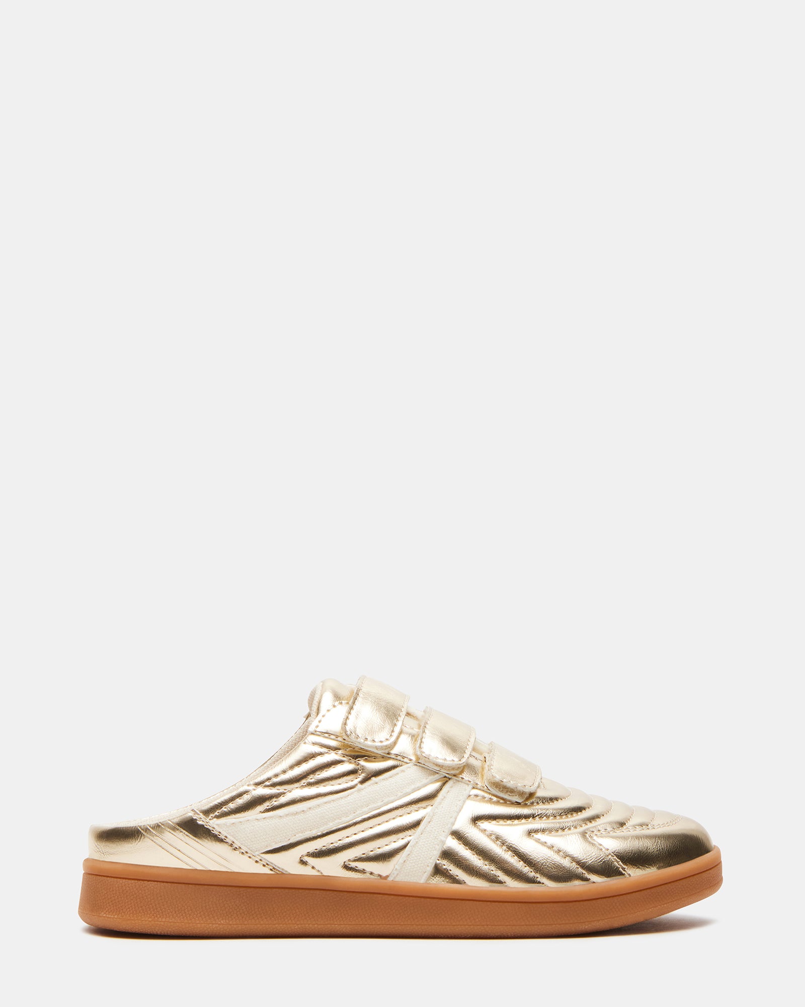 Side view of MAGIK GOLD slip-on mule sneakers with Velcro straps for men and women