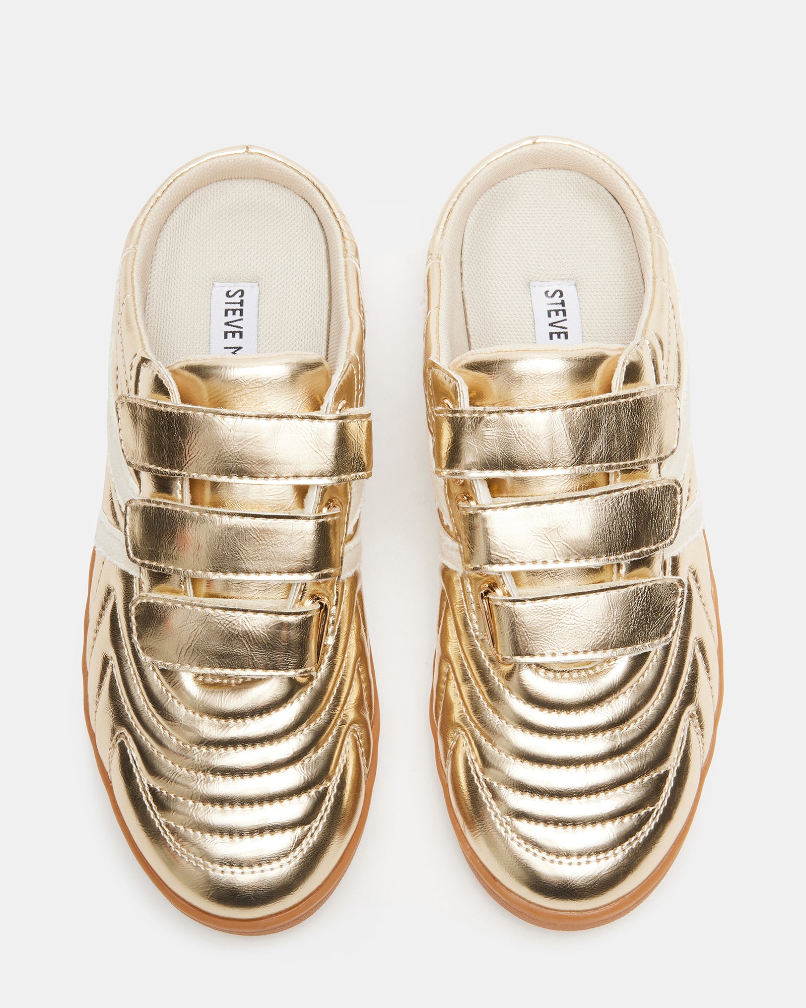 Side view of MAGIK GOLD slip-on mule sneakers with Velcro straps for men and women