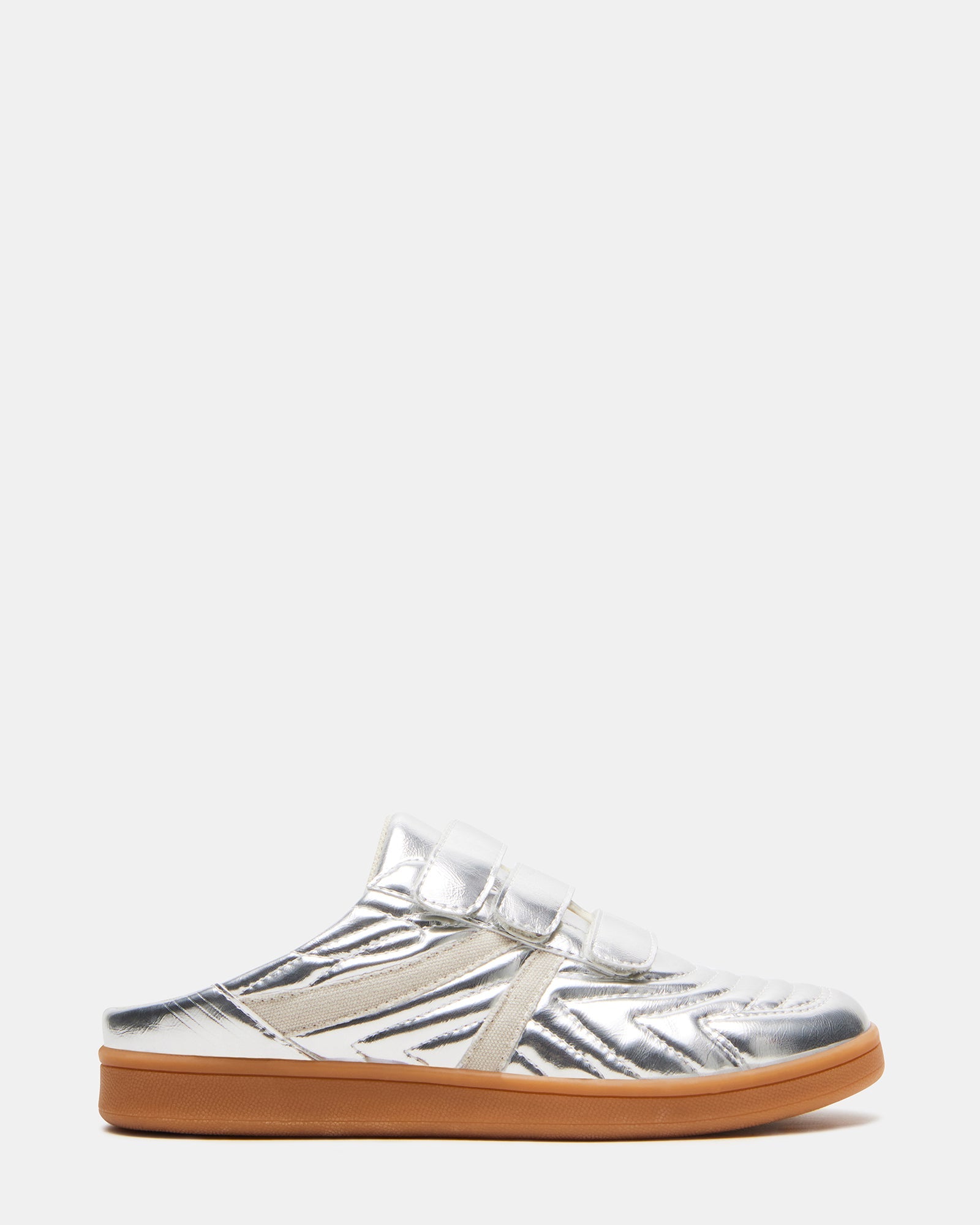 Side view of Magik Silver slip-on sneakers showcasing Velcro straps.
