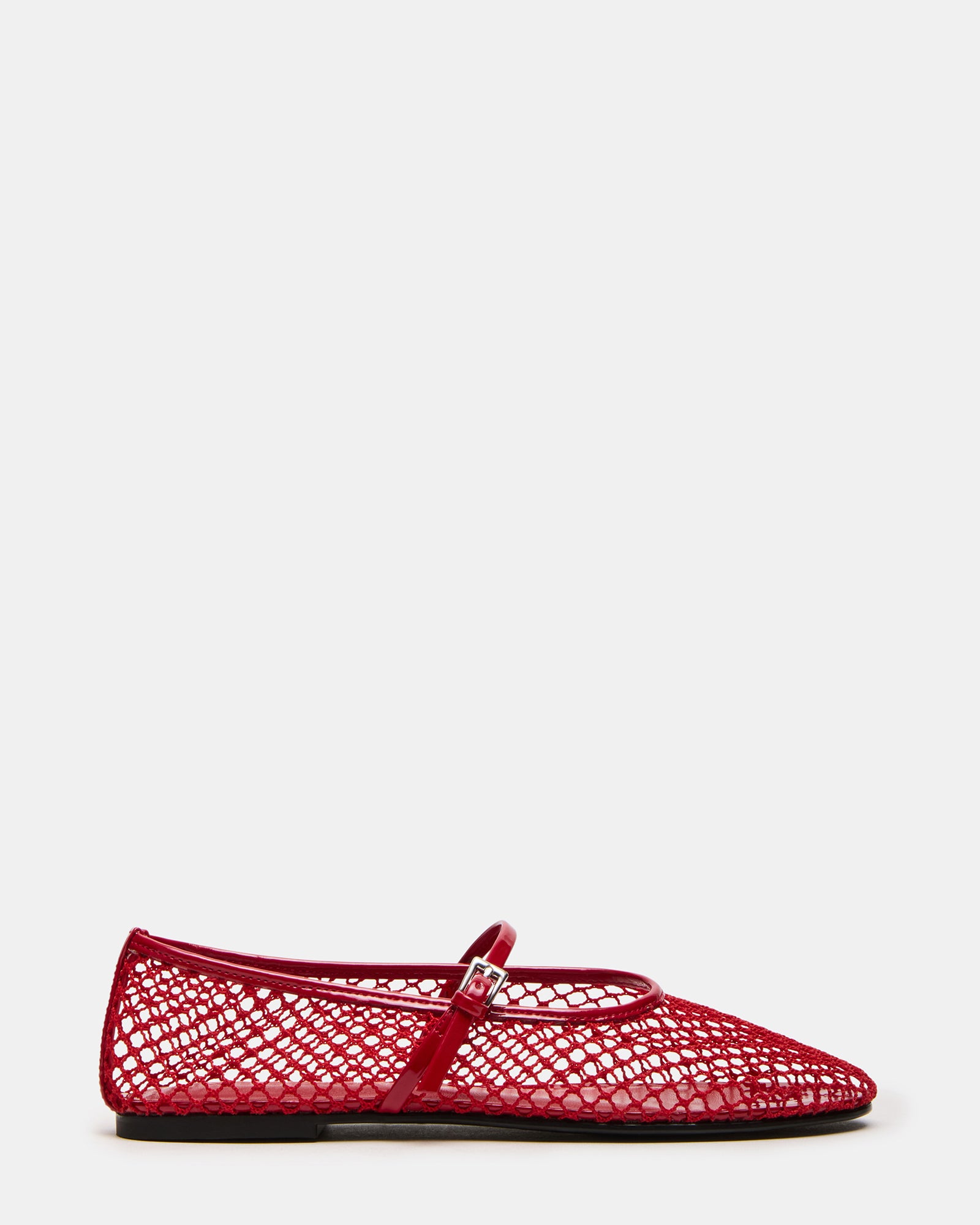 Close-up side view of red mesh Mary Jane flats showing ballet-style rounded toe