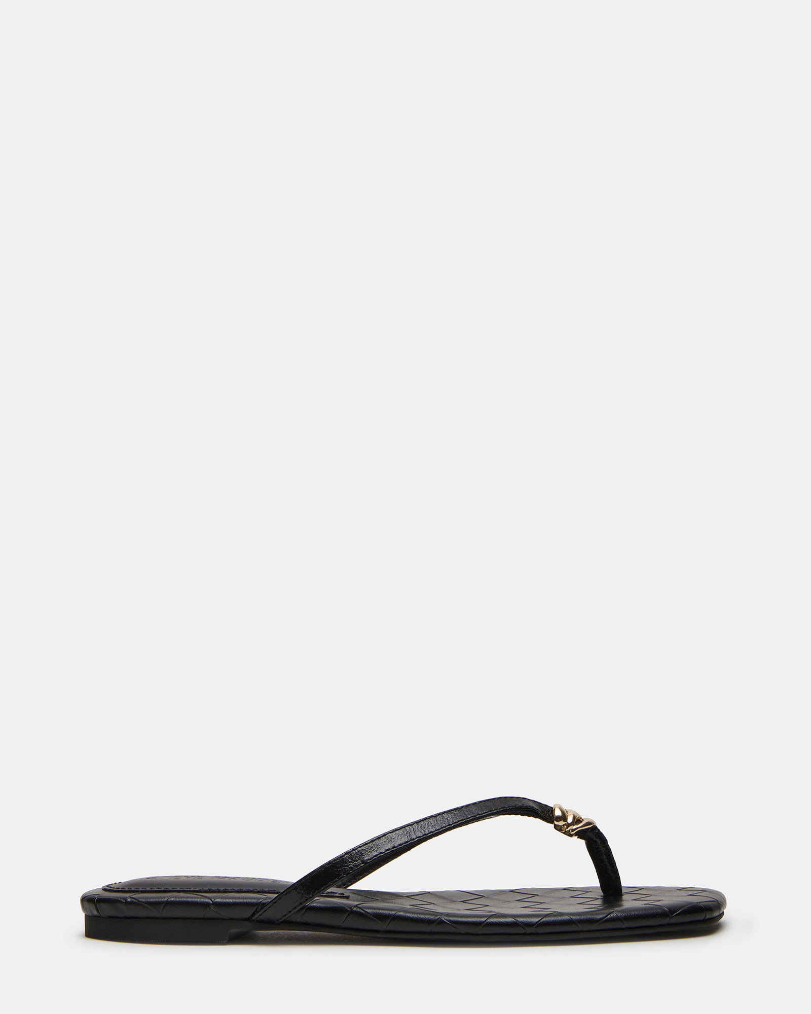 Side view of black leather thong sandals with square toe for women
