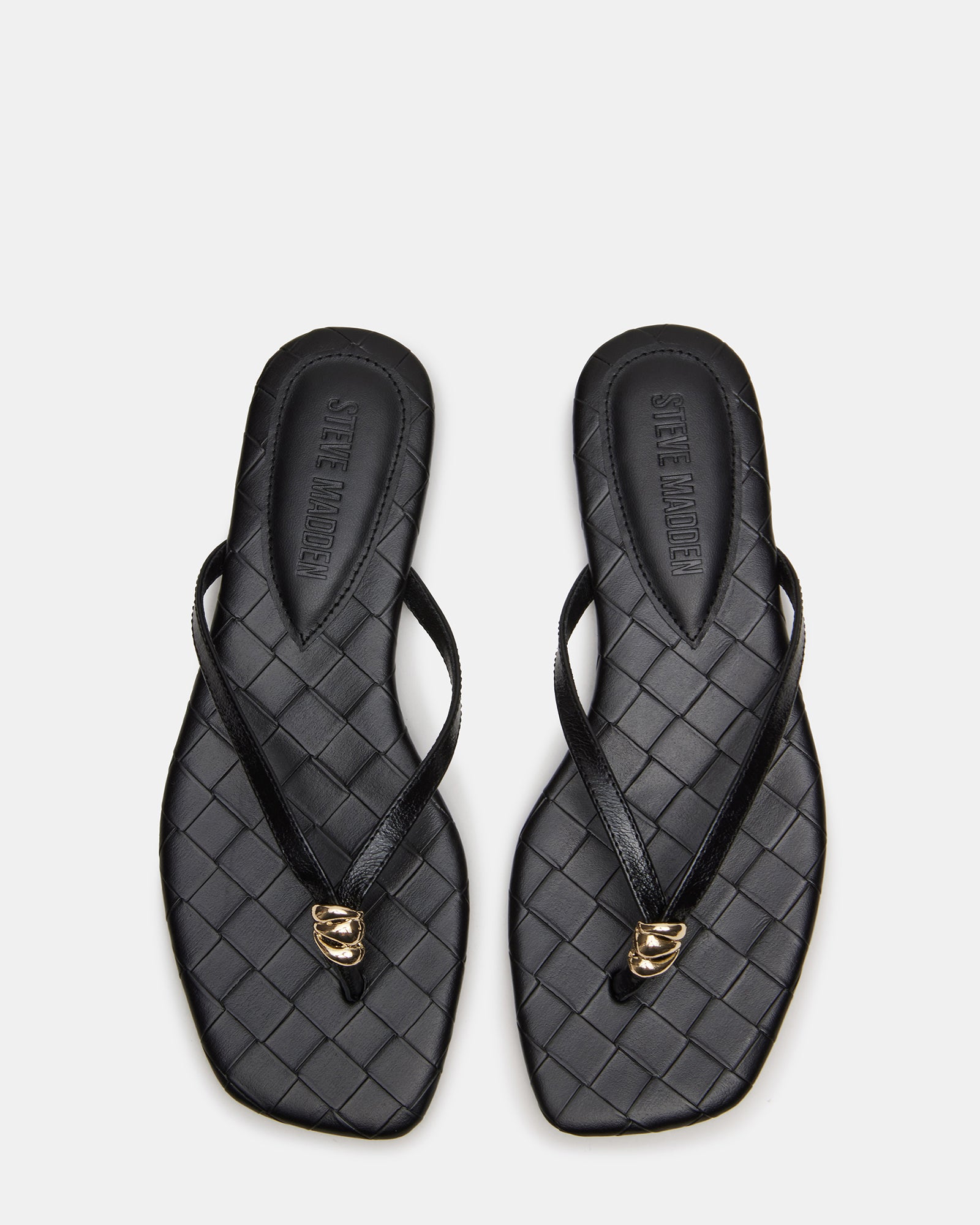 Side view of black leather thong sandals with square toe for women