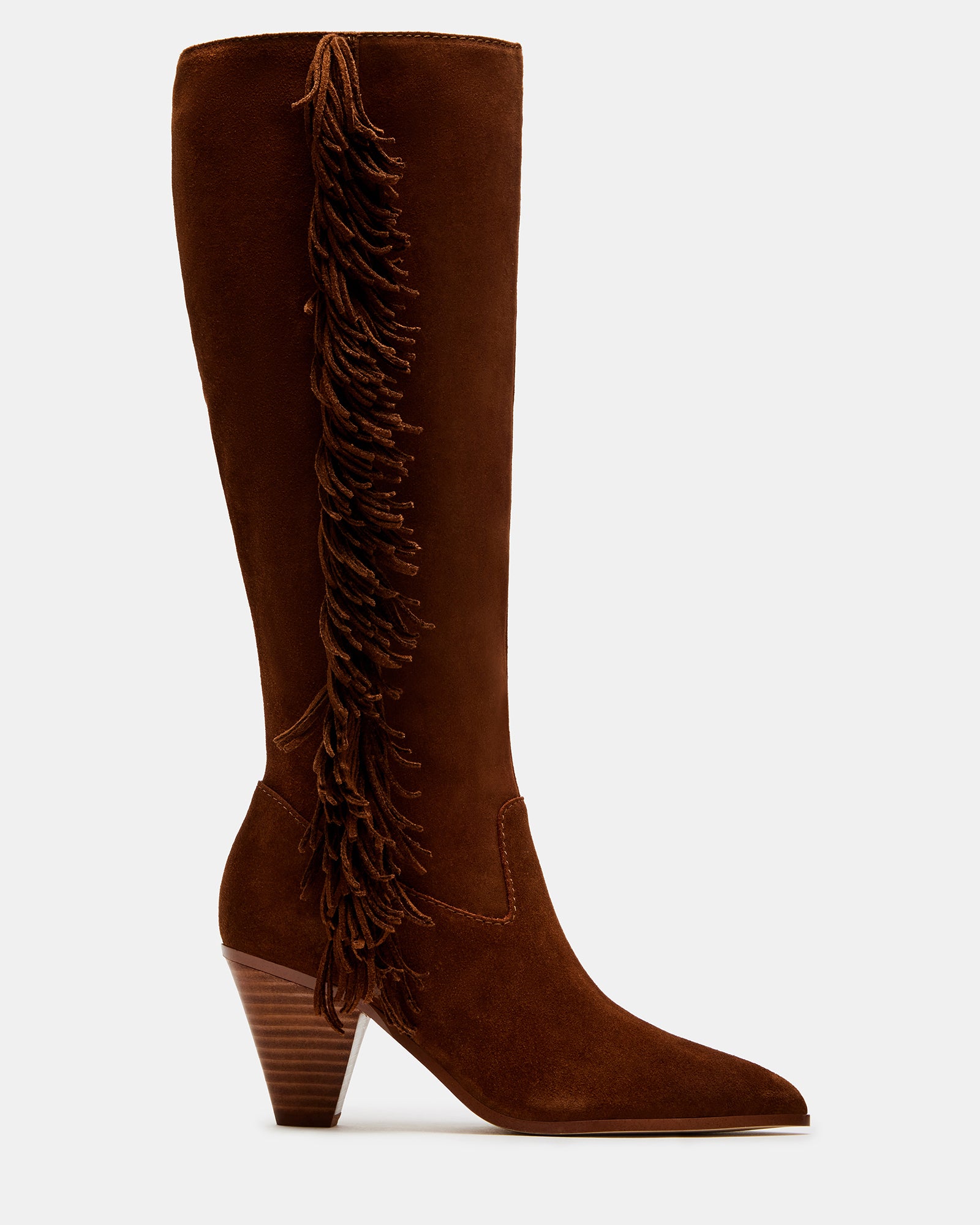 Side profile of fringe cowboy boots with angular heel against desert landscape