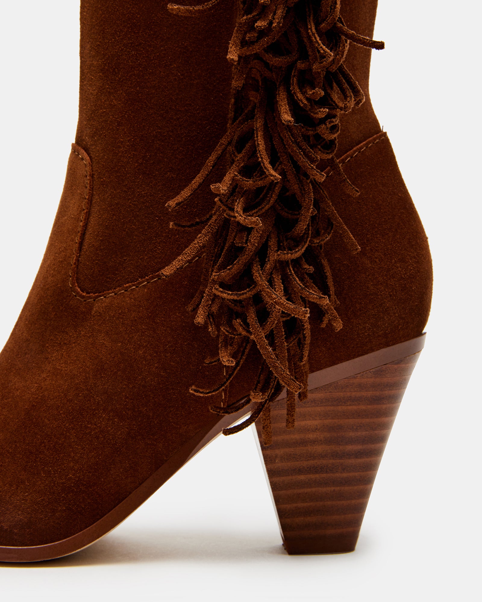Close-up of fringe cowgirl boots with textured suede and stitching details