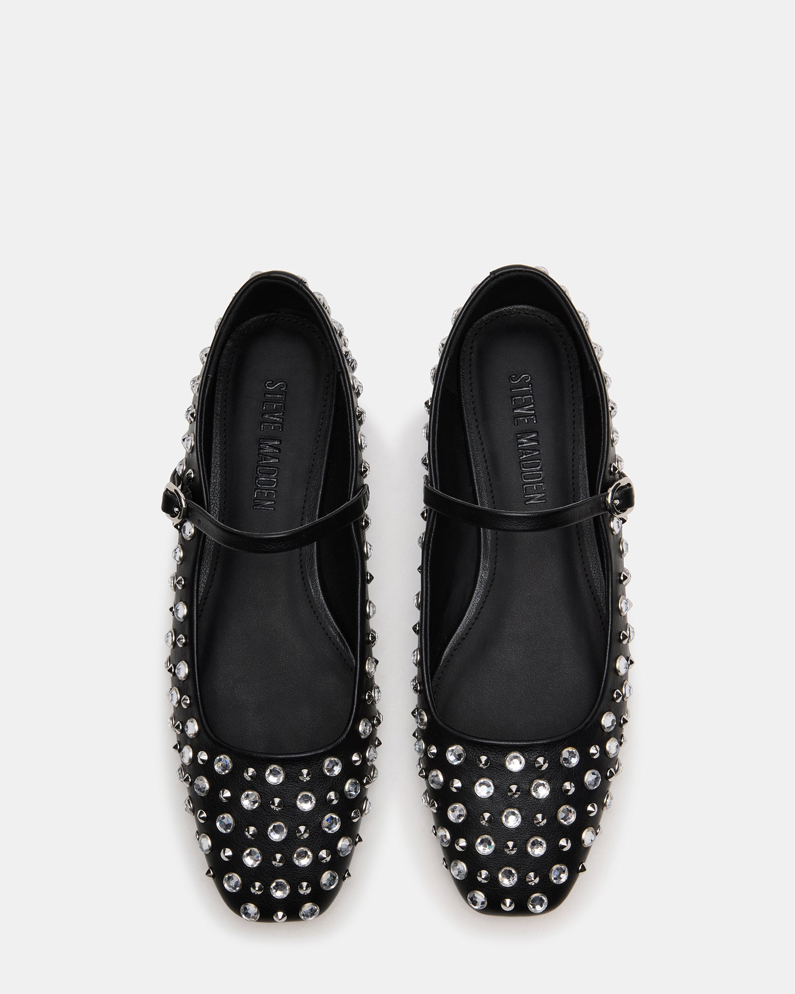 Close-up of the vegan leather upper with rhinestones.