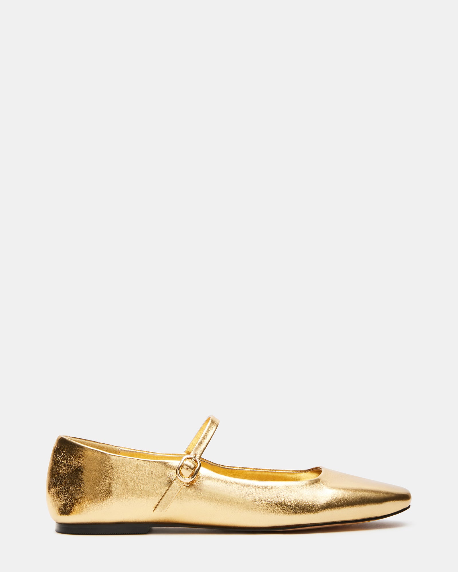 Side view of black ballet flats with square toe and Mary Jane strap