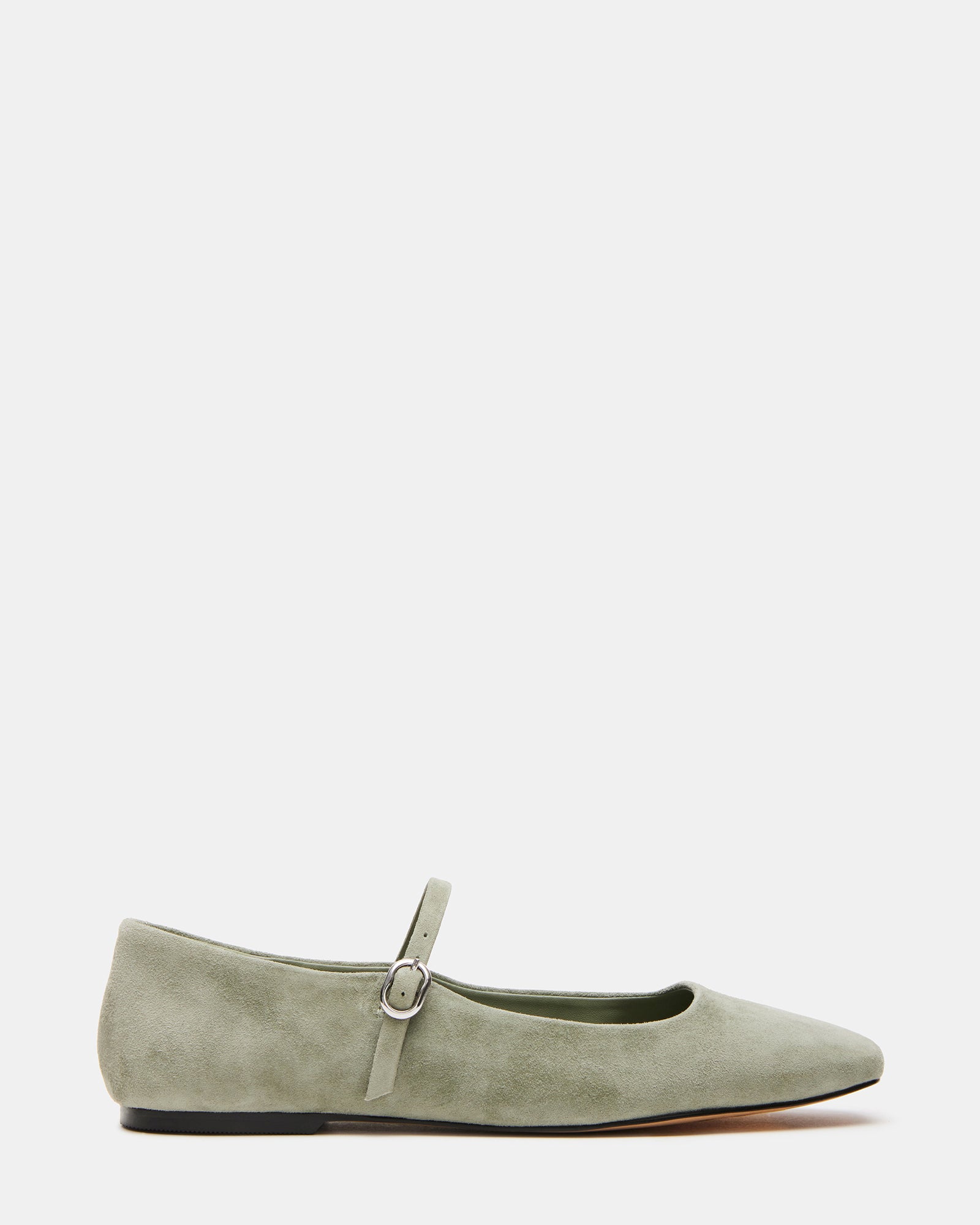 Close-up of Maple Grey Sage ballet flats showcasing the Mary Jane strap and square toe