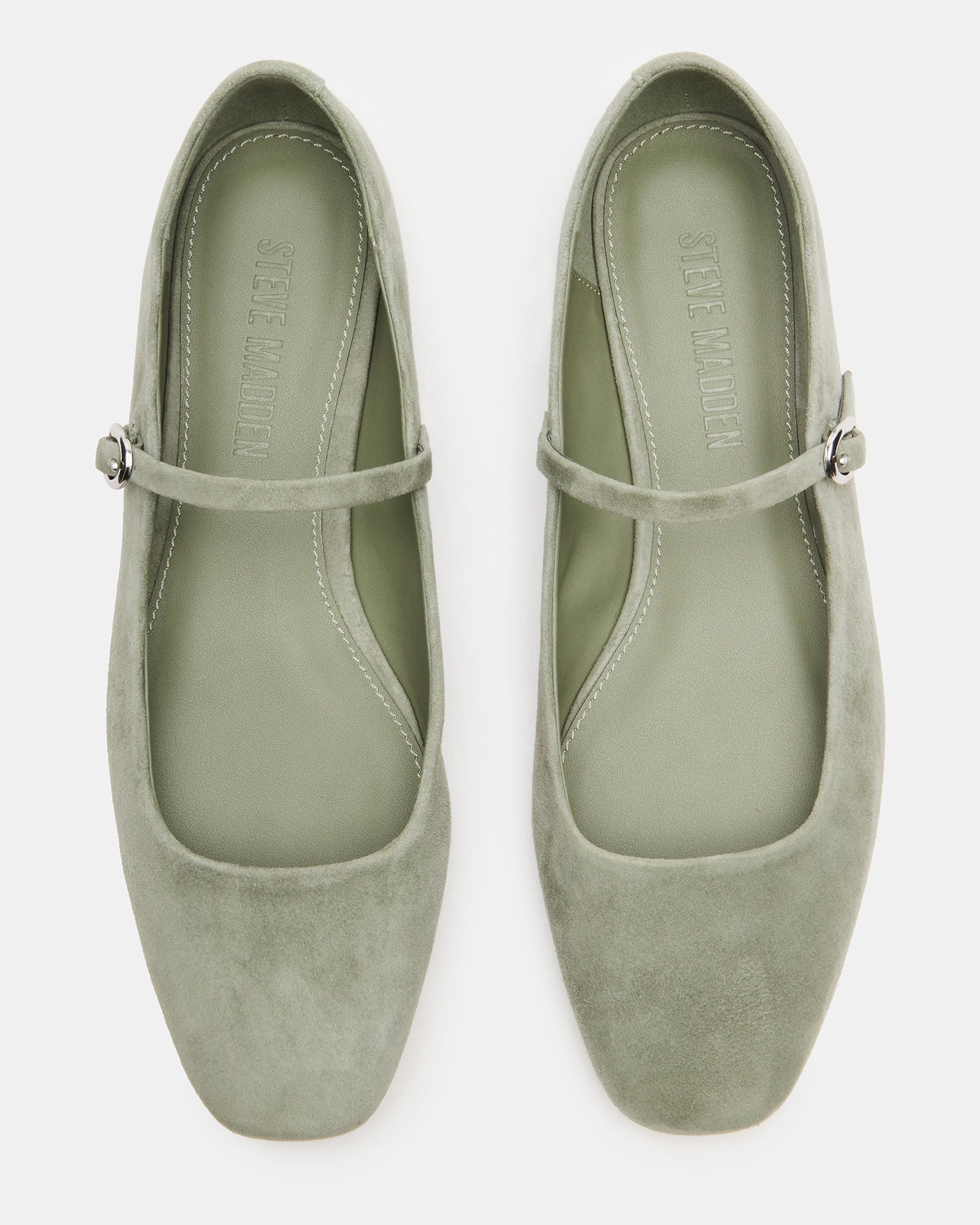 Close-up of Maple Grey Sage ballet flats showcasing the Mary Jane strap and square toe