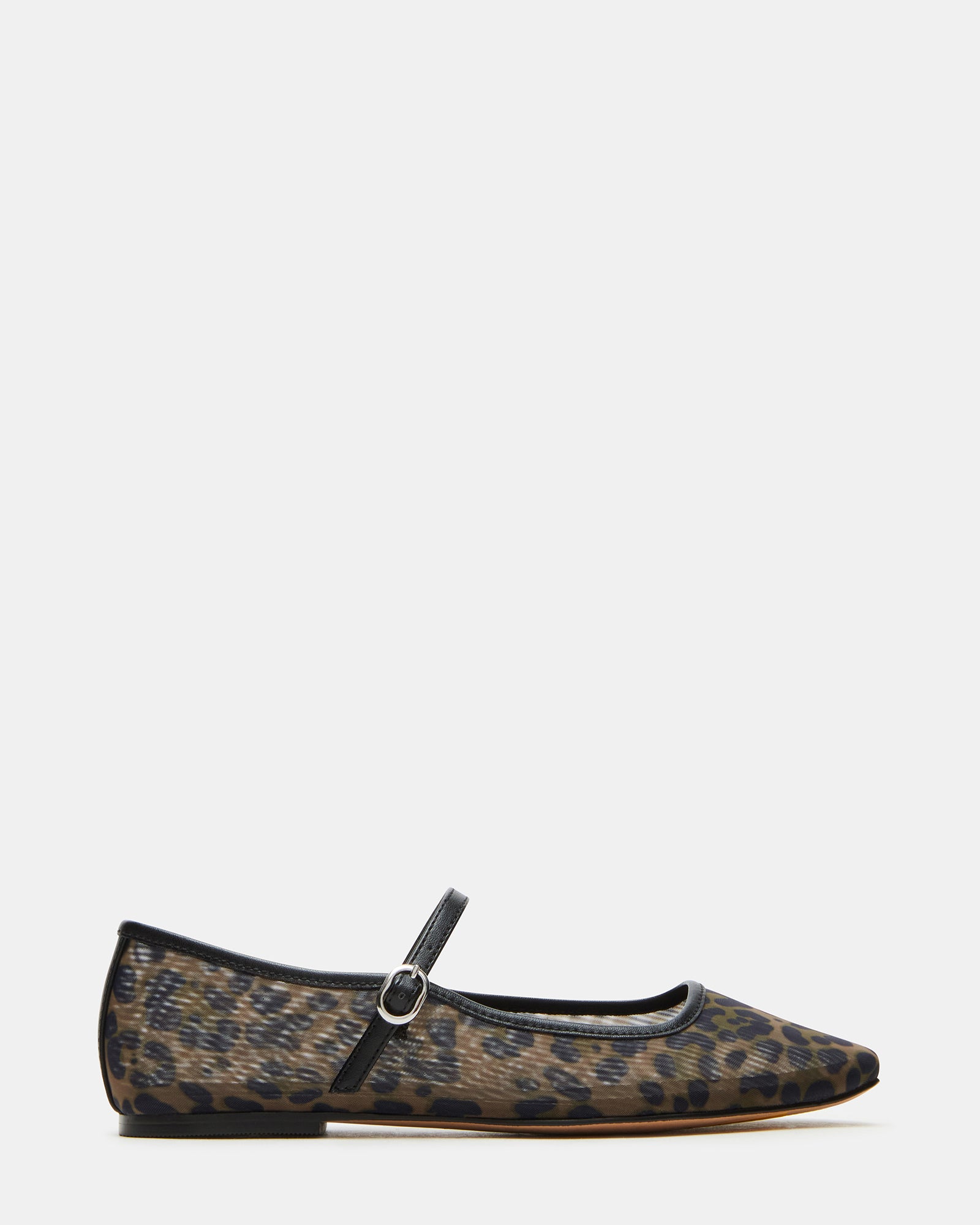 Side view of leopard-print ballet flats on hardwood floor