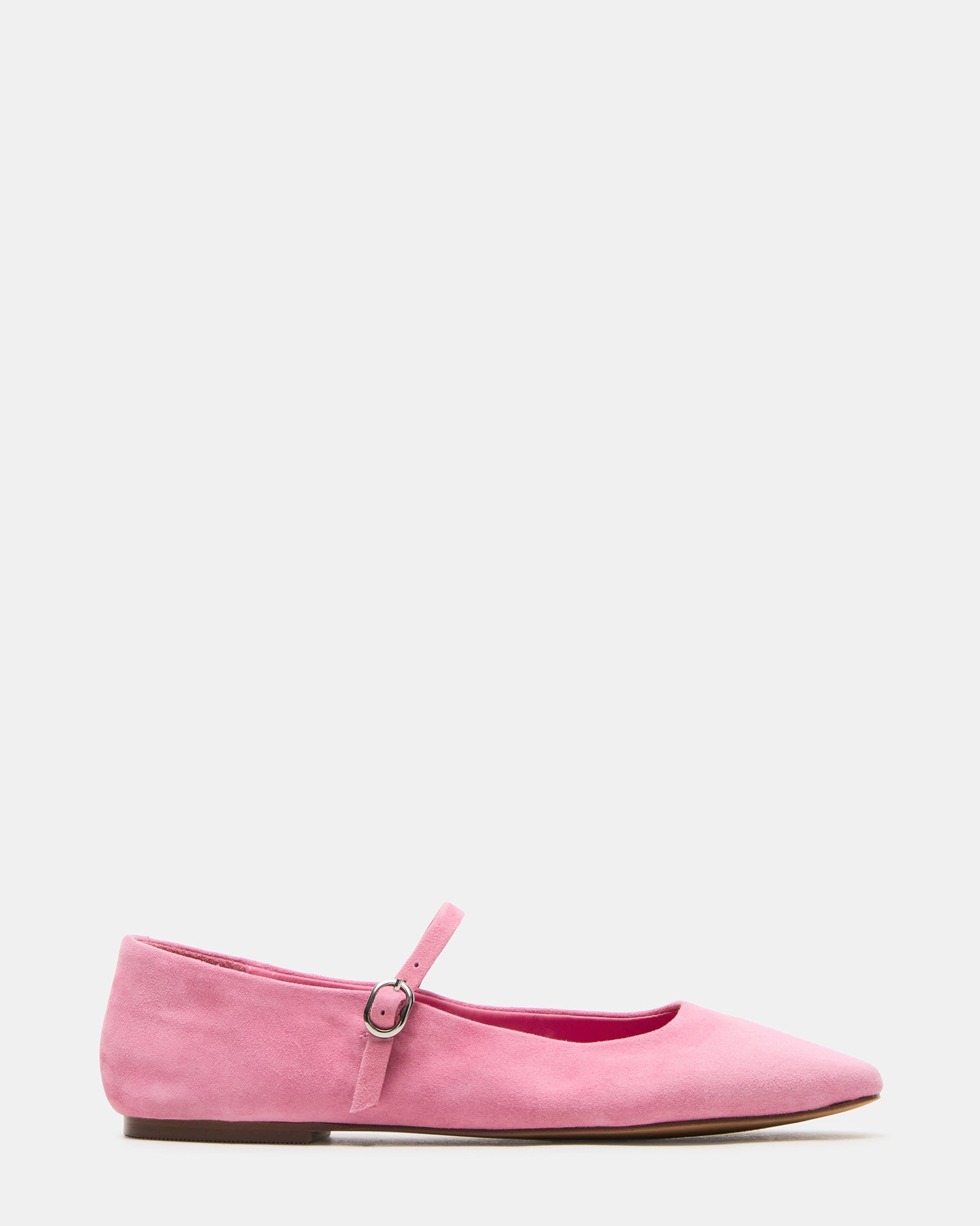 Side profile of the red suede ballet flats showing square toe design.