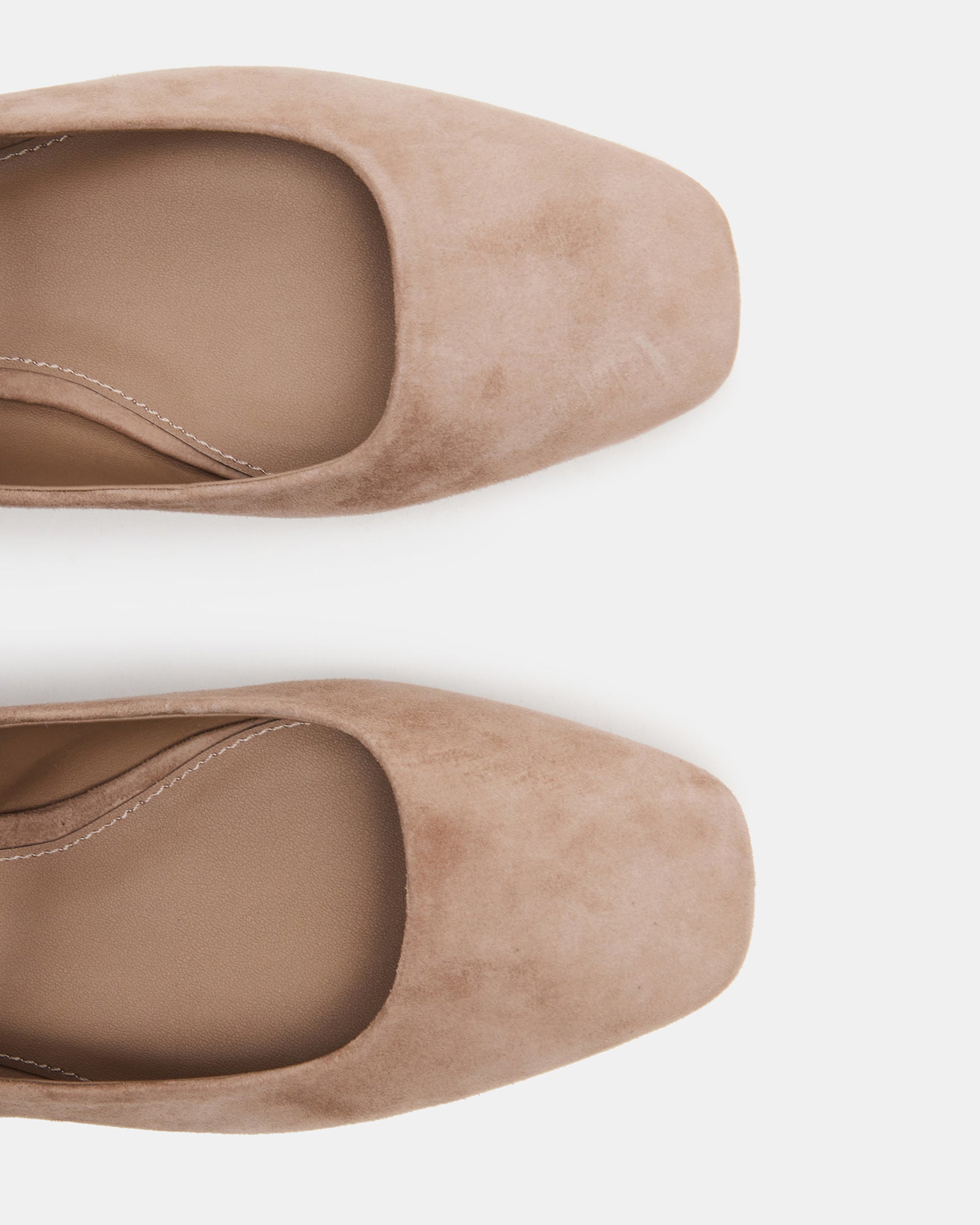 Front angle of square toe flats with suede texture and Mary Jane strap
