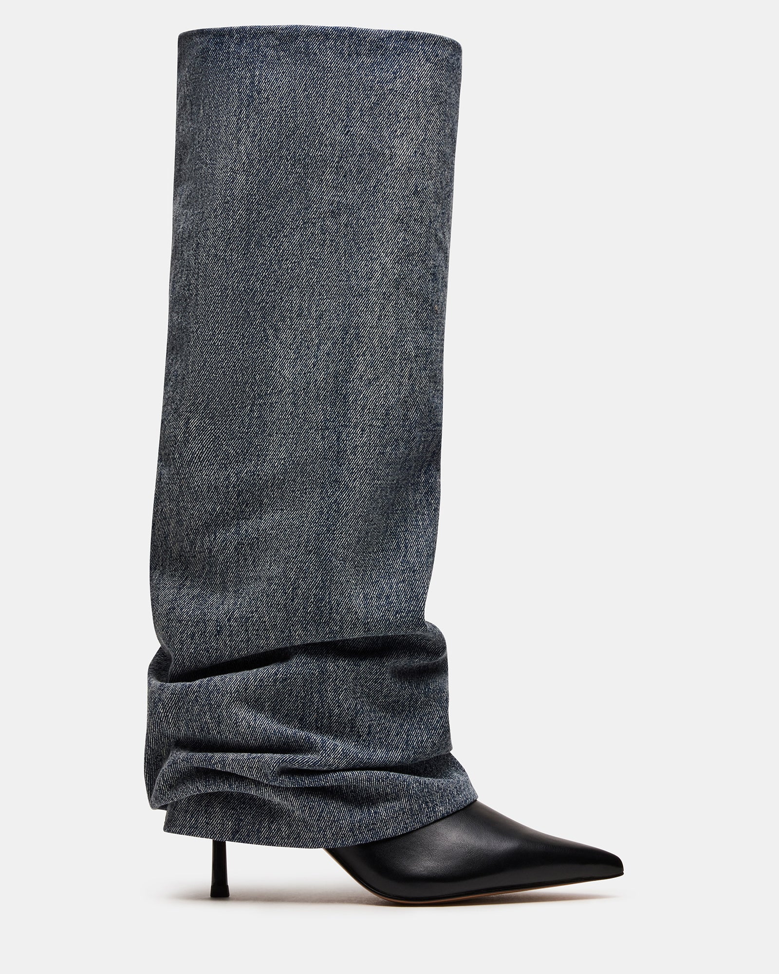Side view of Chic Marengo Denim Pointed Toe Boots showcasing the sleek stiletto heels.