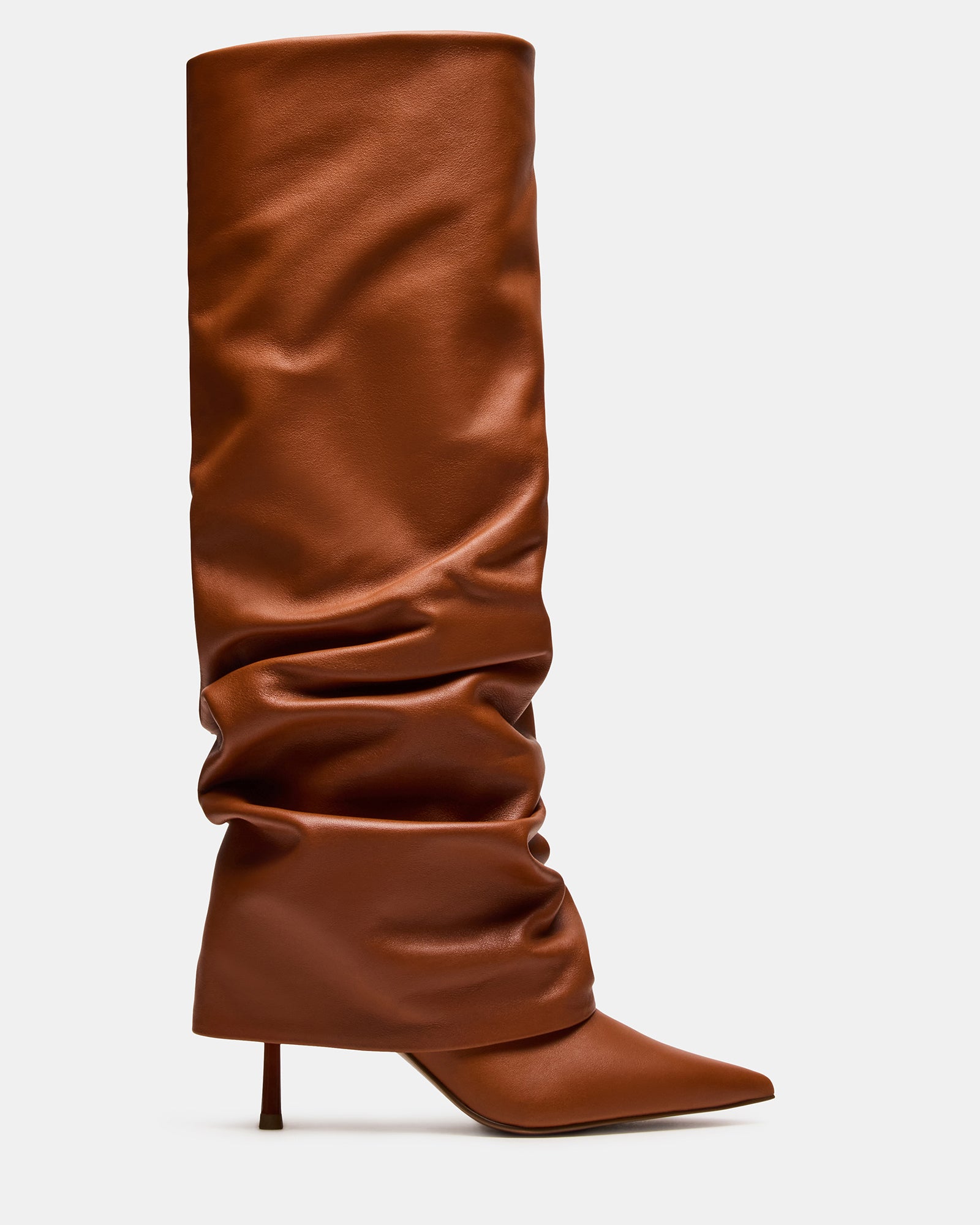 Side view of Marengo tan pointed toe boots with stiletto heel and cuff detail