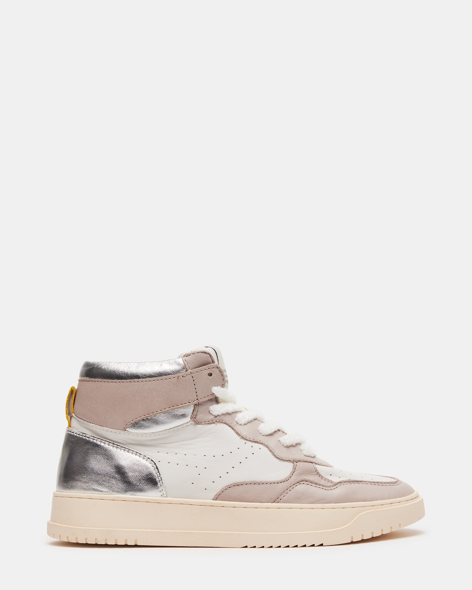 Side view of MARKED high top sneakers showcasing taupe leather and metallic panels.