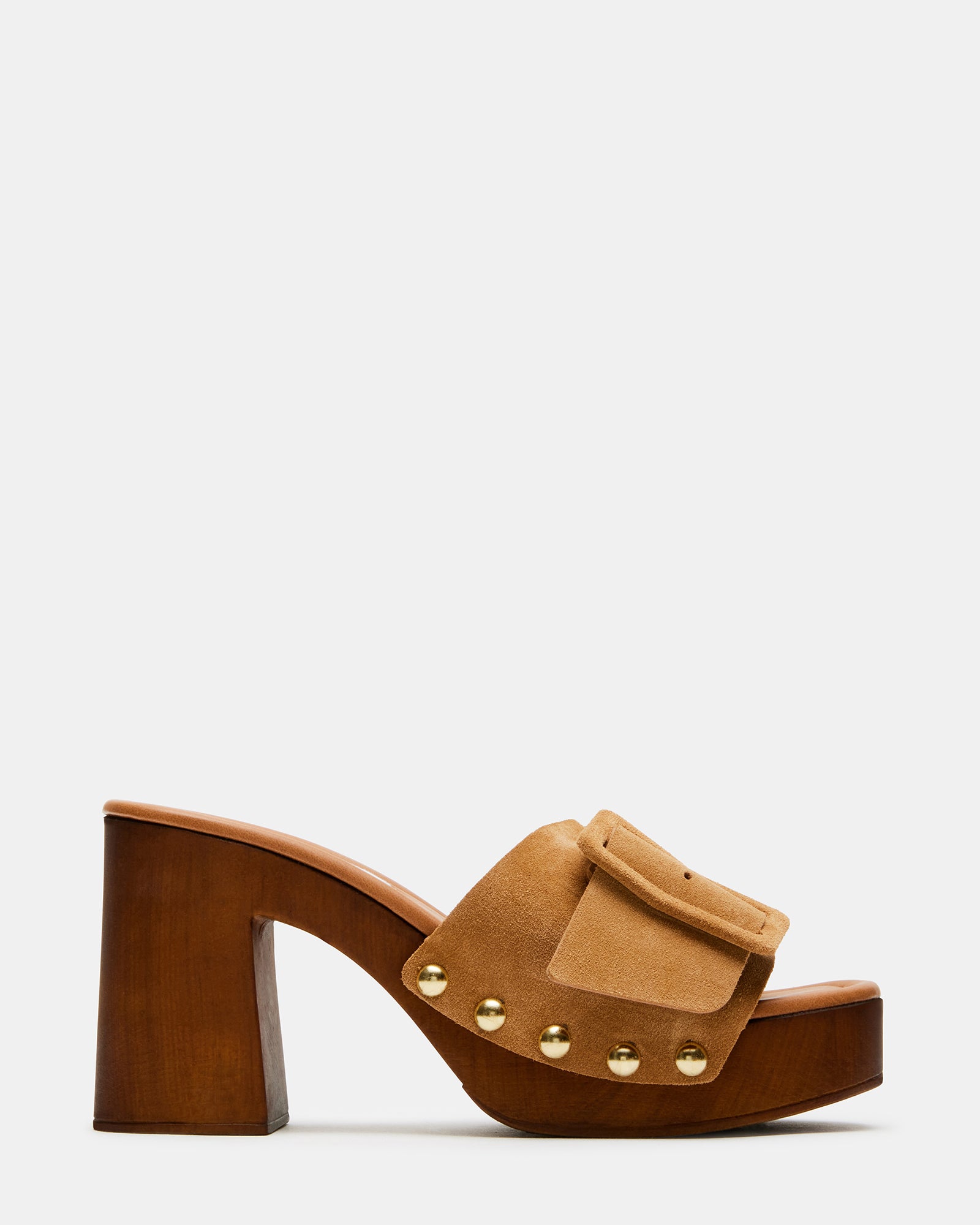 Side view of Mar lena suede block heel sandals with oversized buckle detail