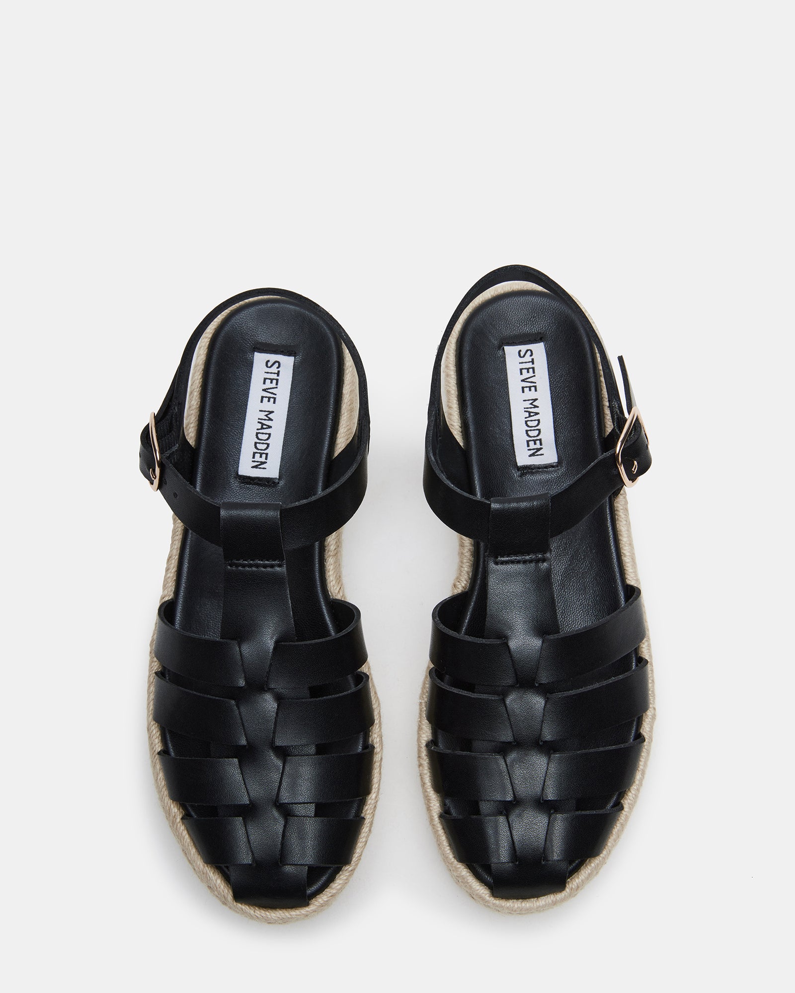 Marlin black leather sandal with strappy fisherman design on a models foot