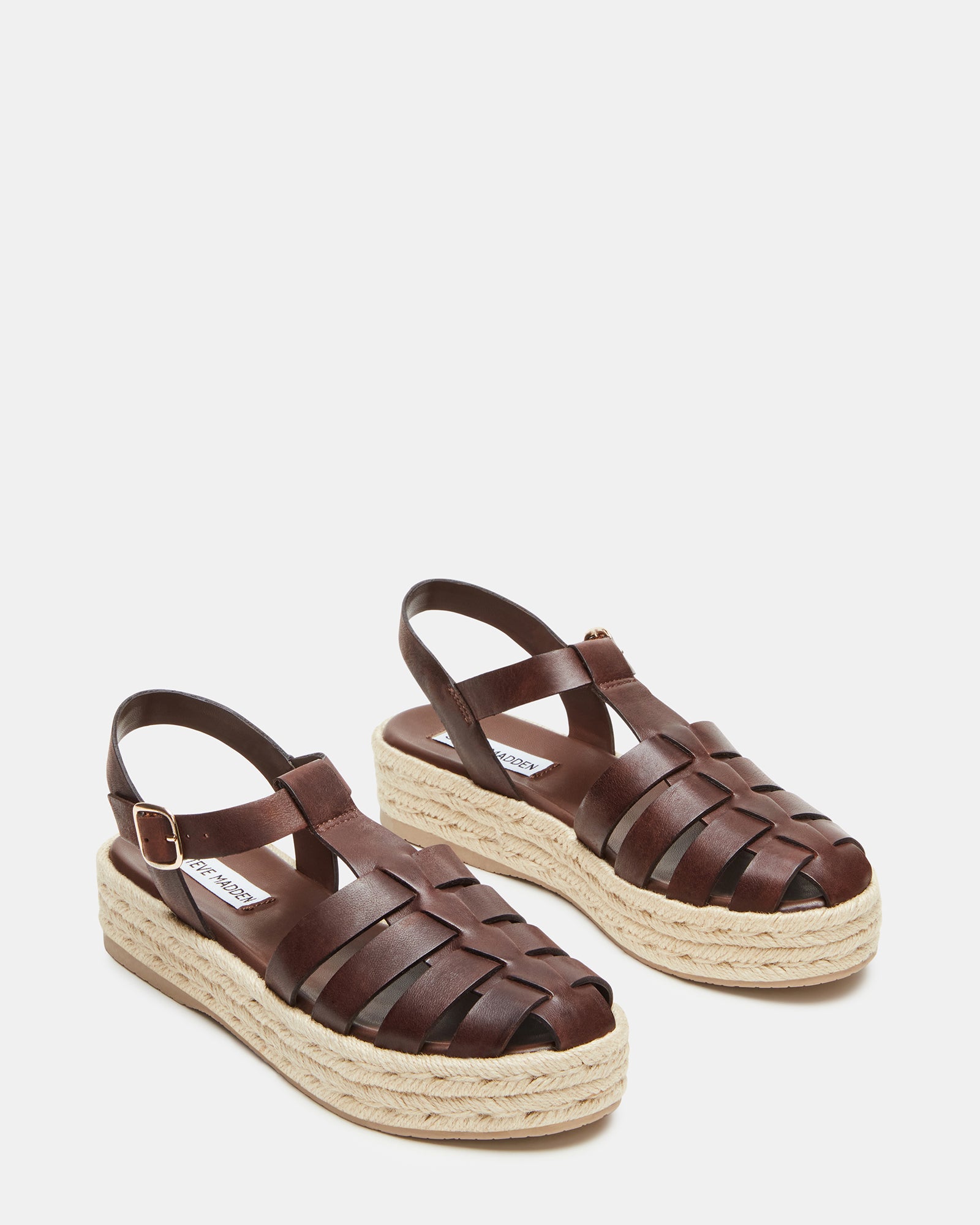 Close-up of the Marlin brown leather sandals highlighting the flatform sole.