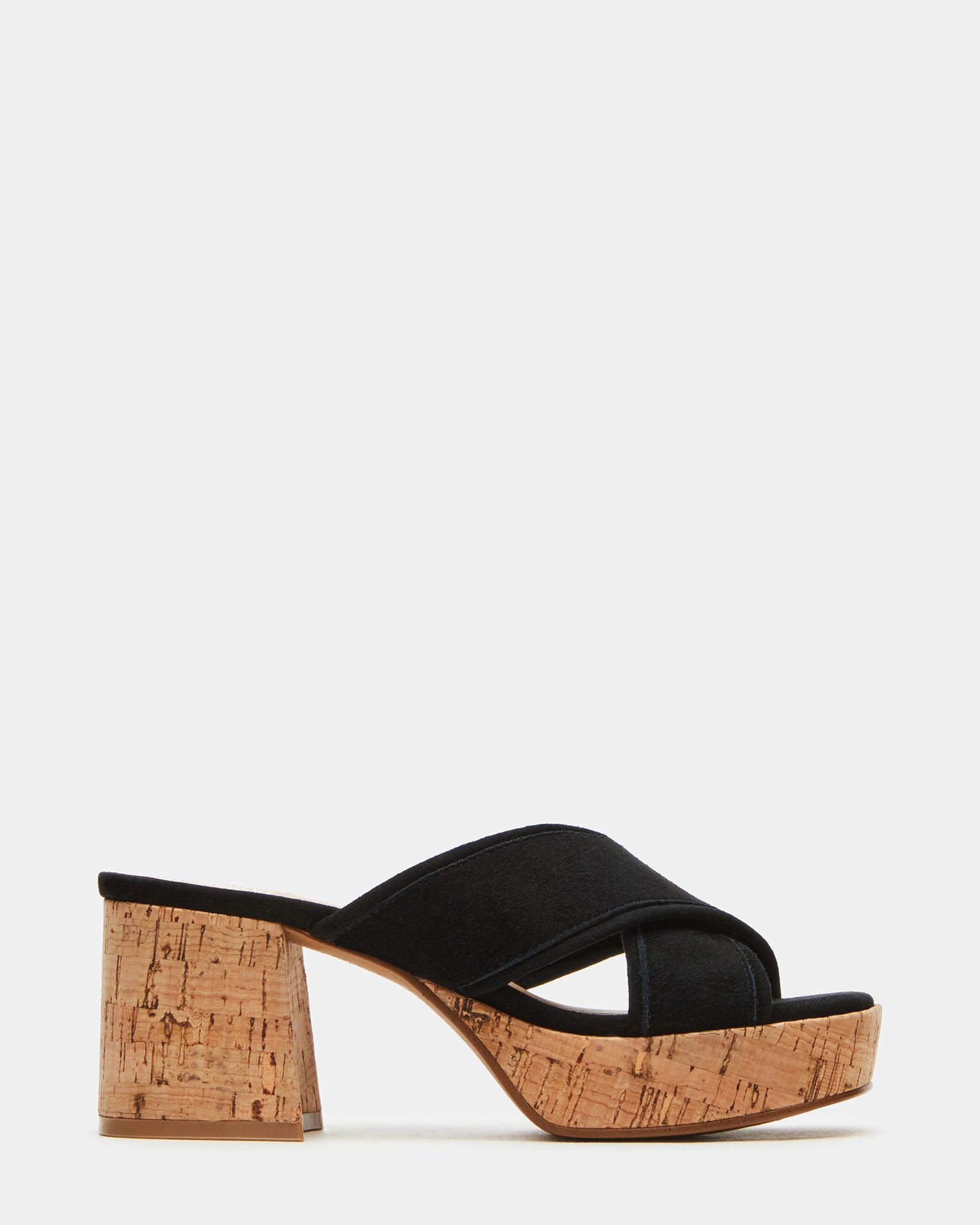 Side view of black suede platform sandals with square toe and 3-inch heel