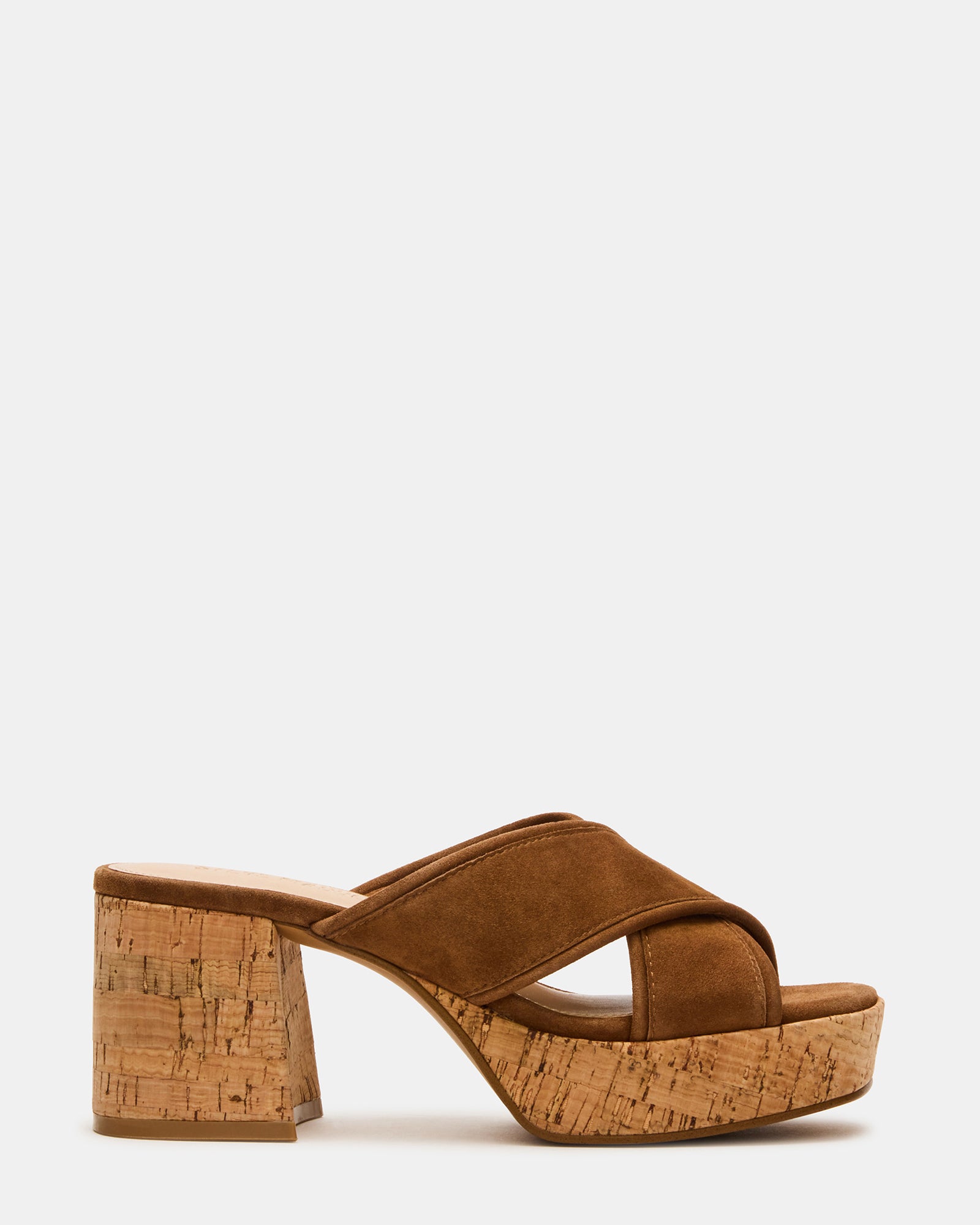 Side view of Marsden chestnut suede platform sandals showcasing square toe design.