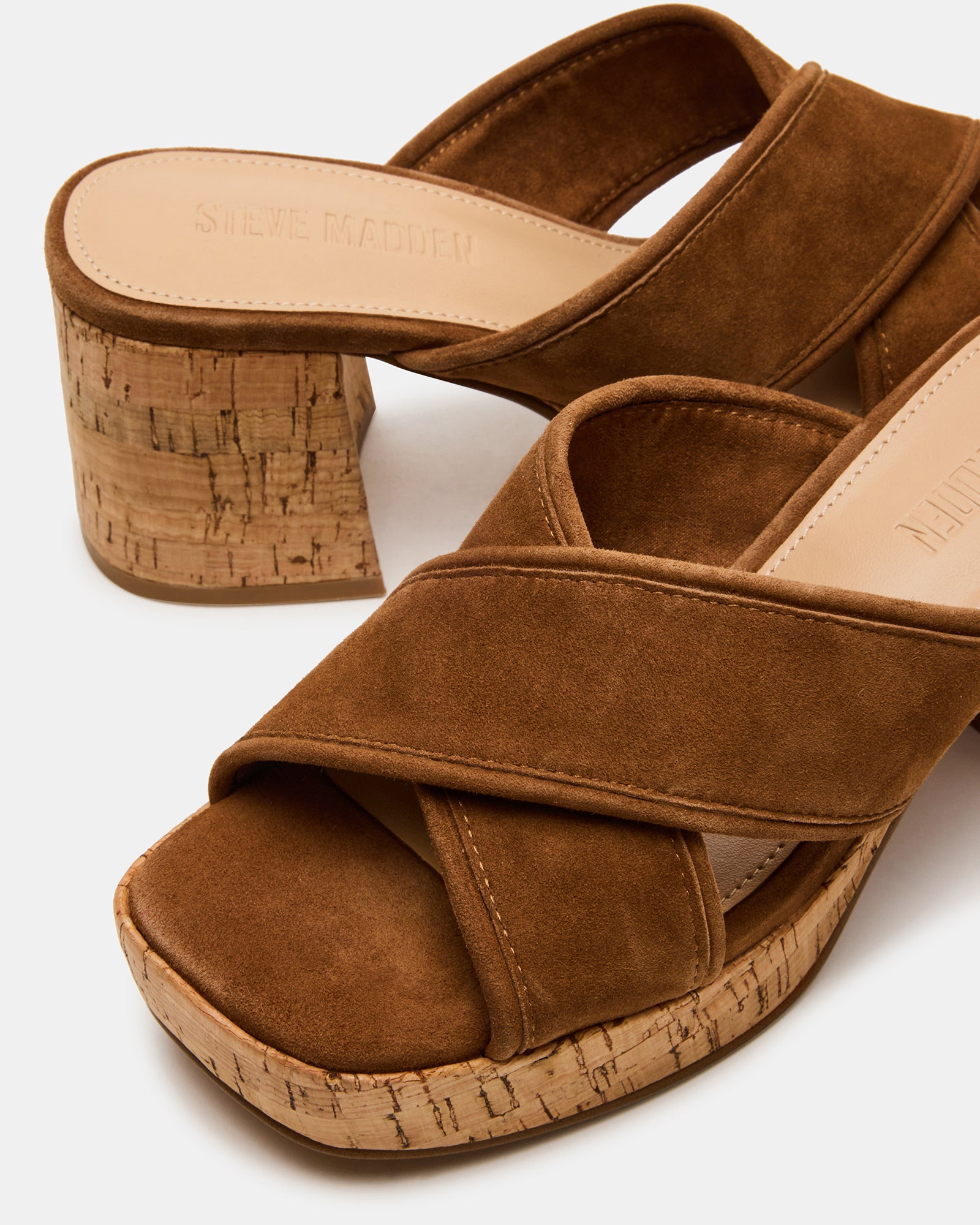 Close-up of the suede upper material and platform of the Marsden sandals.