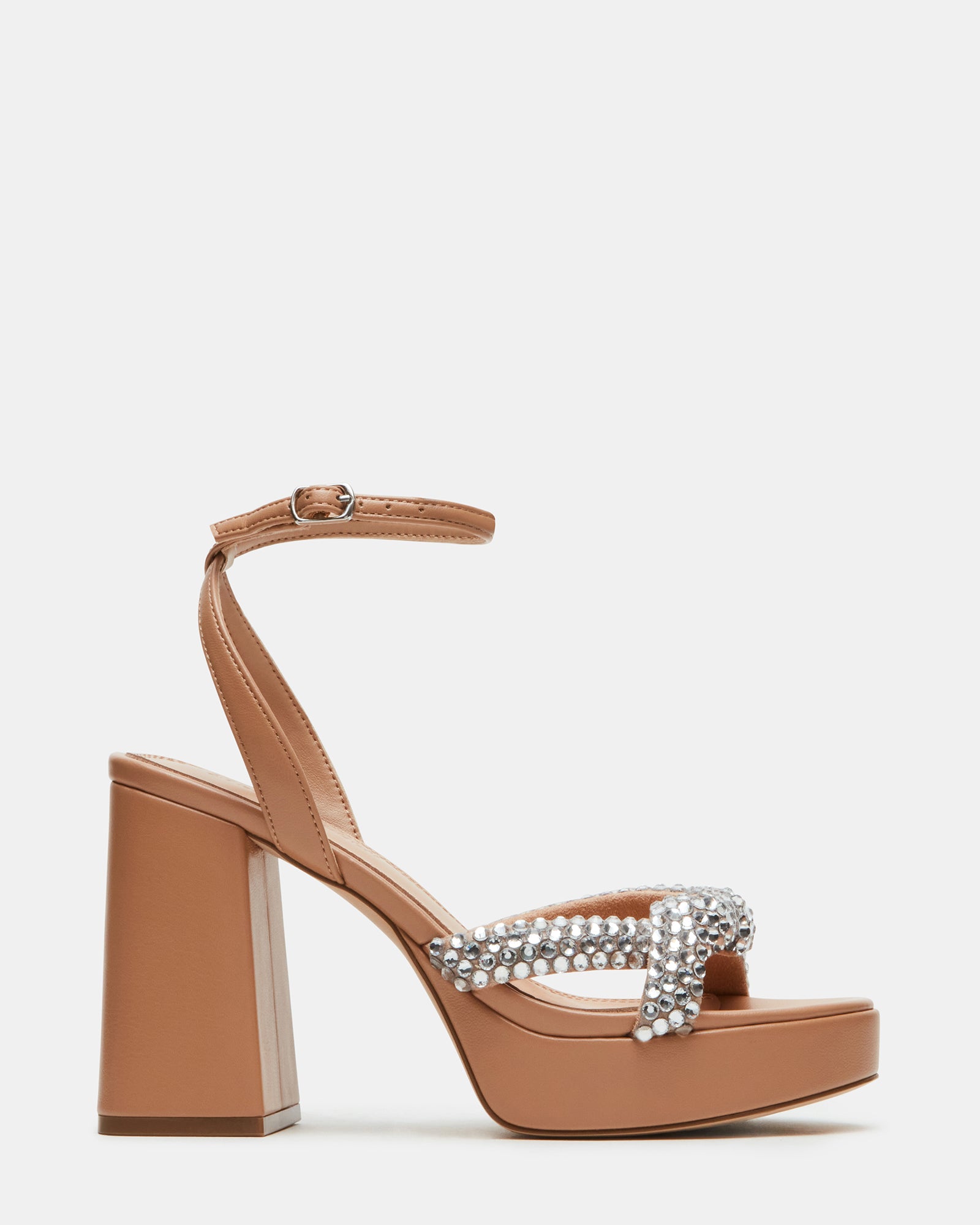 Glam Chic platform block heels showcasing rhinestones from the side.