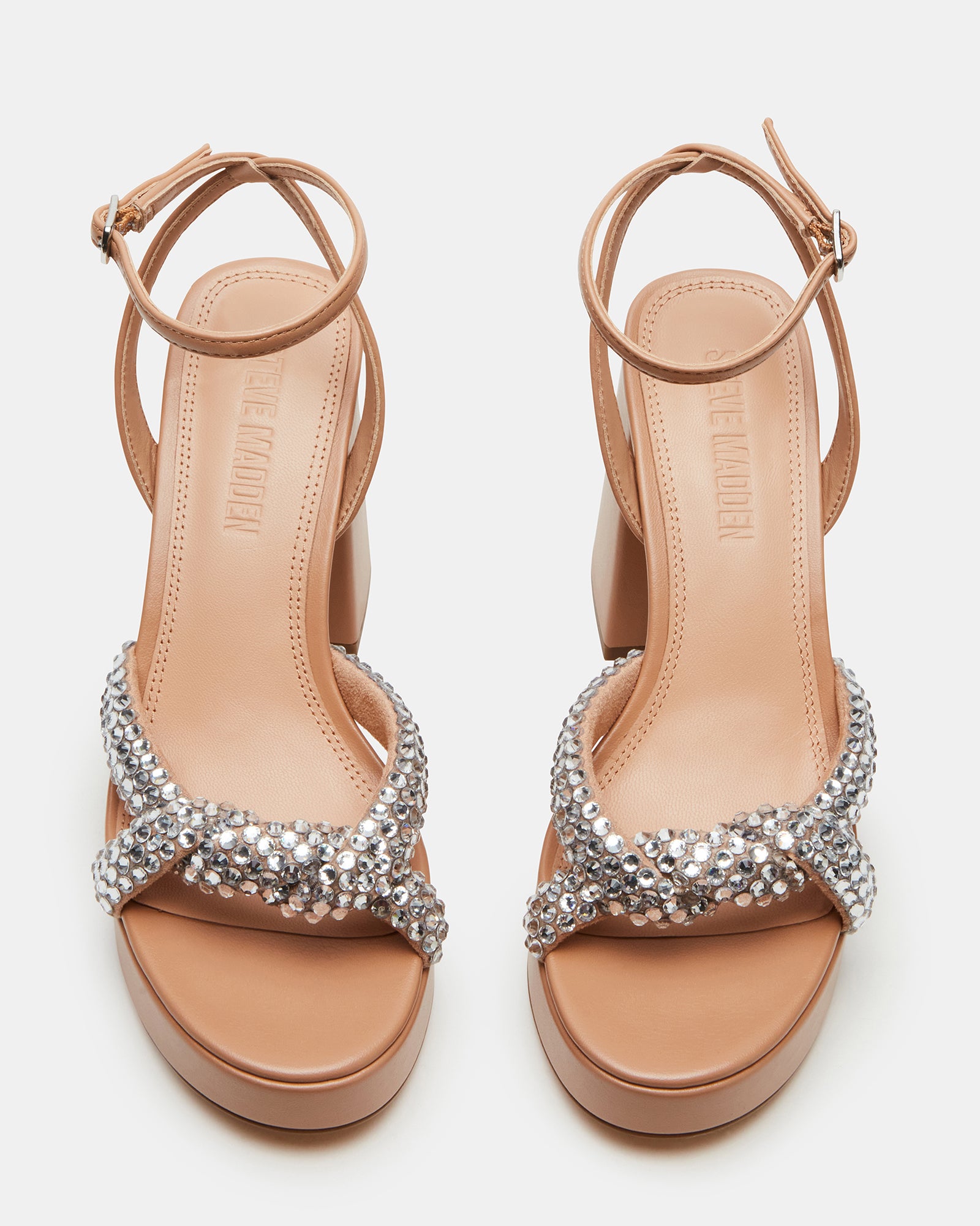 Glam Chic platform block heels showcasing rhinestones from the side.