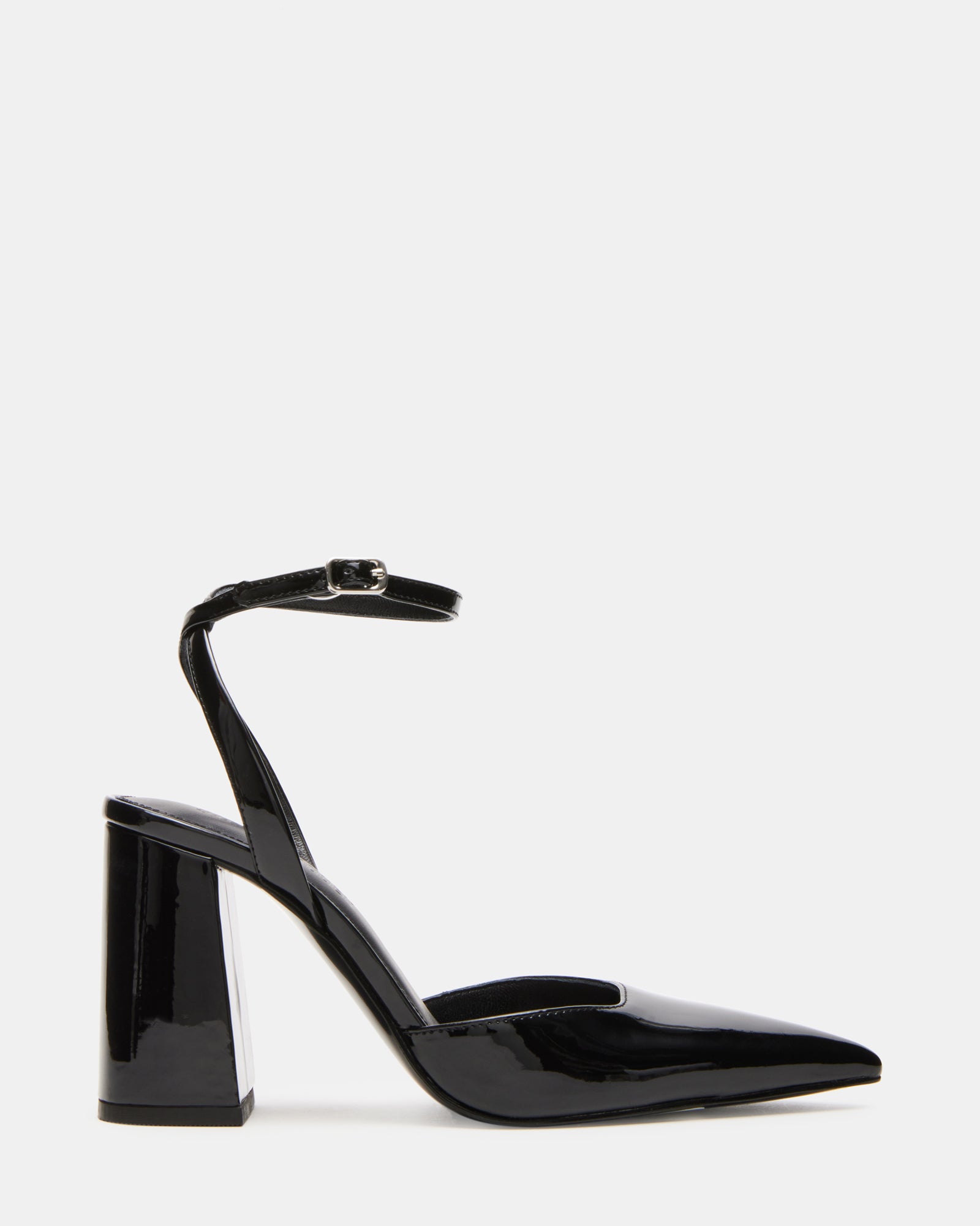 Side view of MATTEA black patent high heels showcasing the pointed toe.