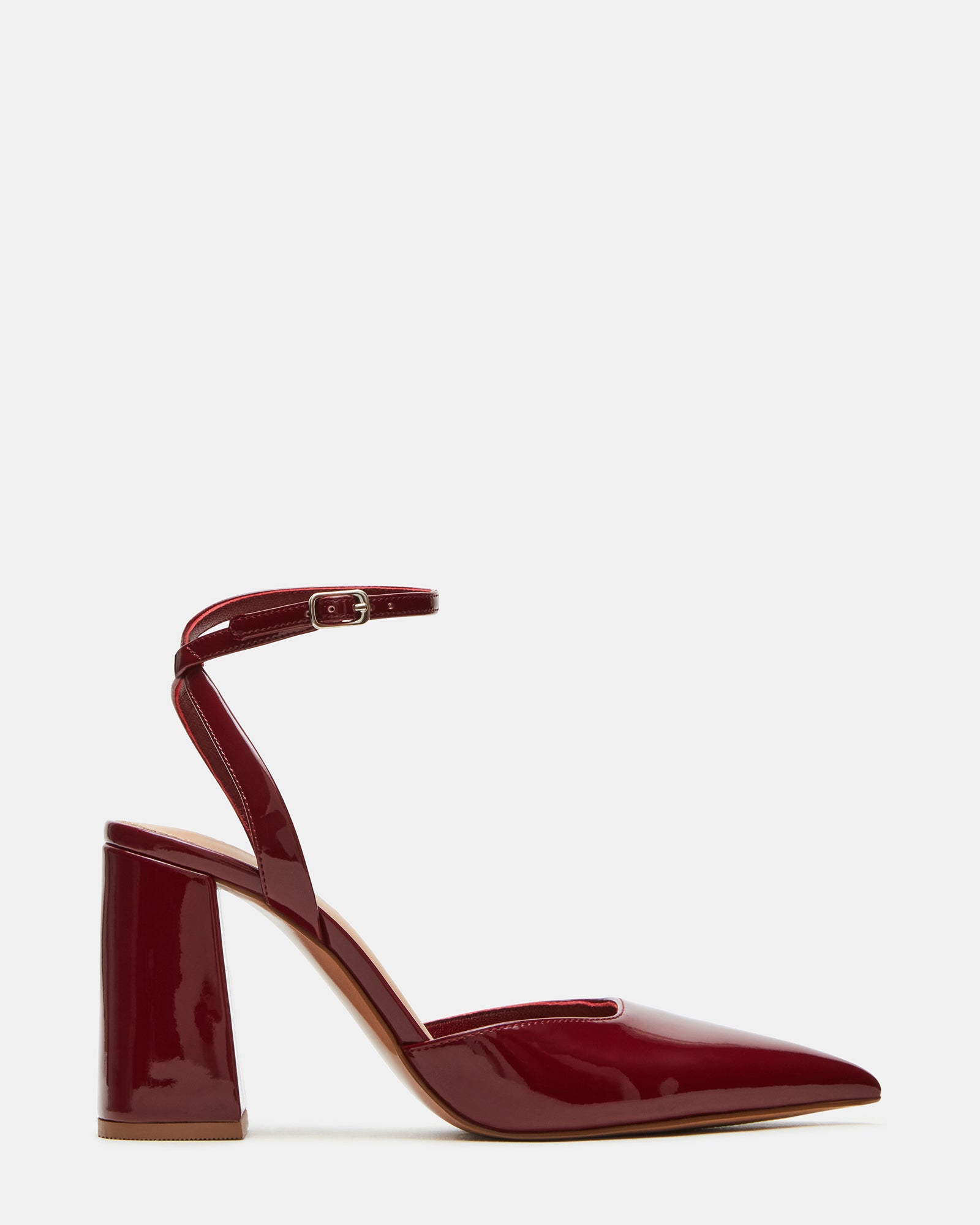 Mattea Wine Patent black heels from a side angle, showing the crisscross strap design.