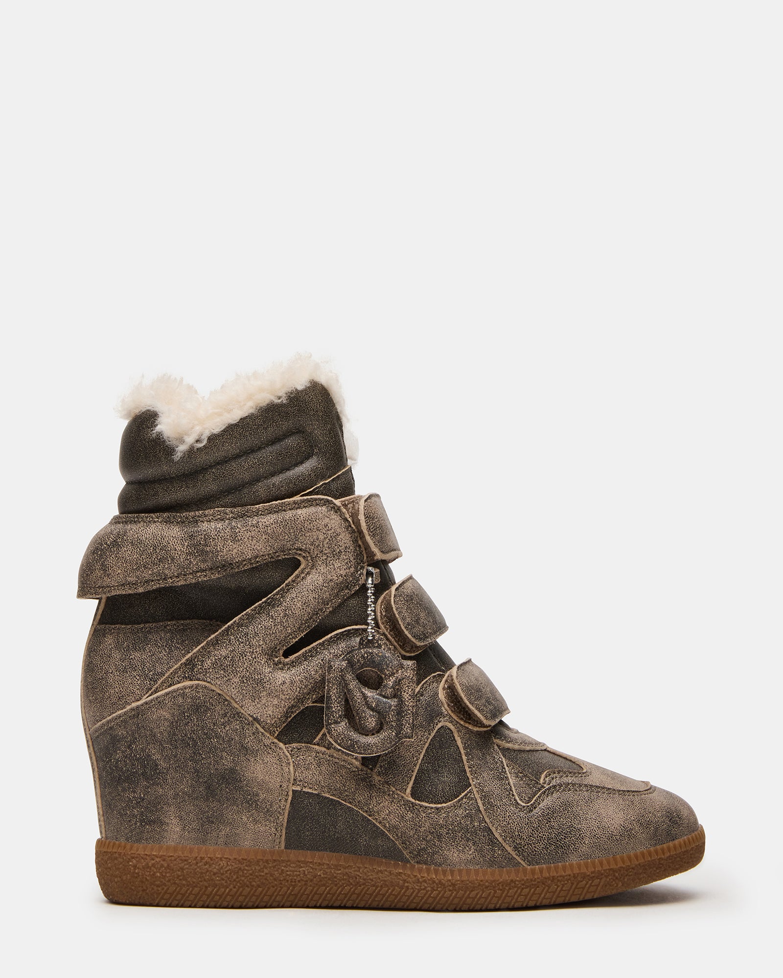 Side view of the distressed brown high-top sneakers with faux fur lining for women