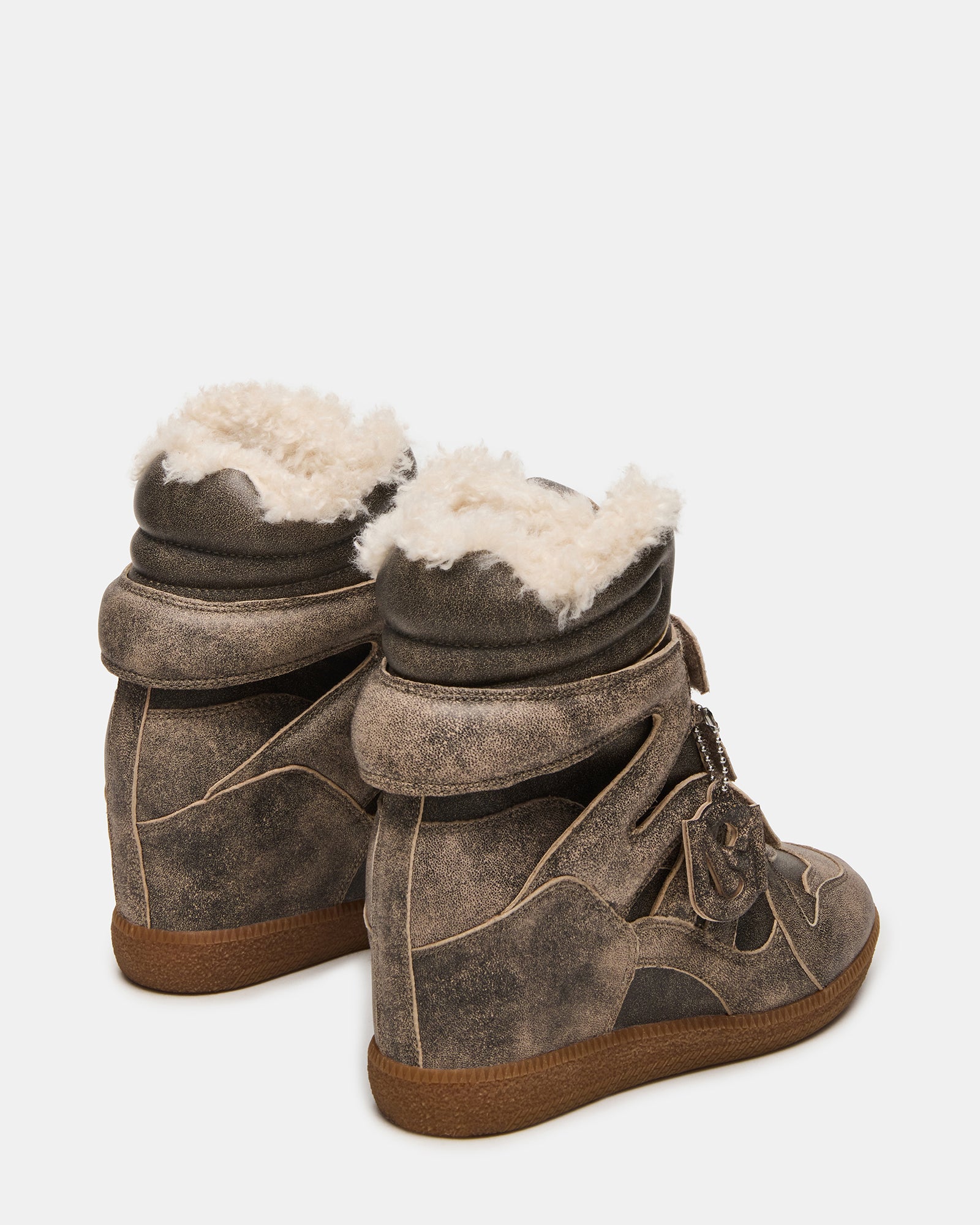 Close-up of the Velcro closure and textured sole on the faux fur sneakers